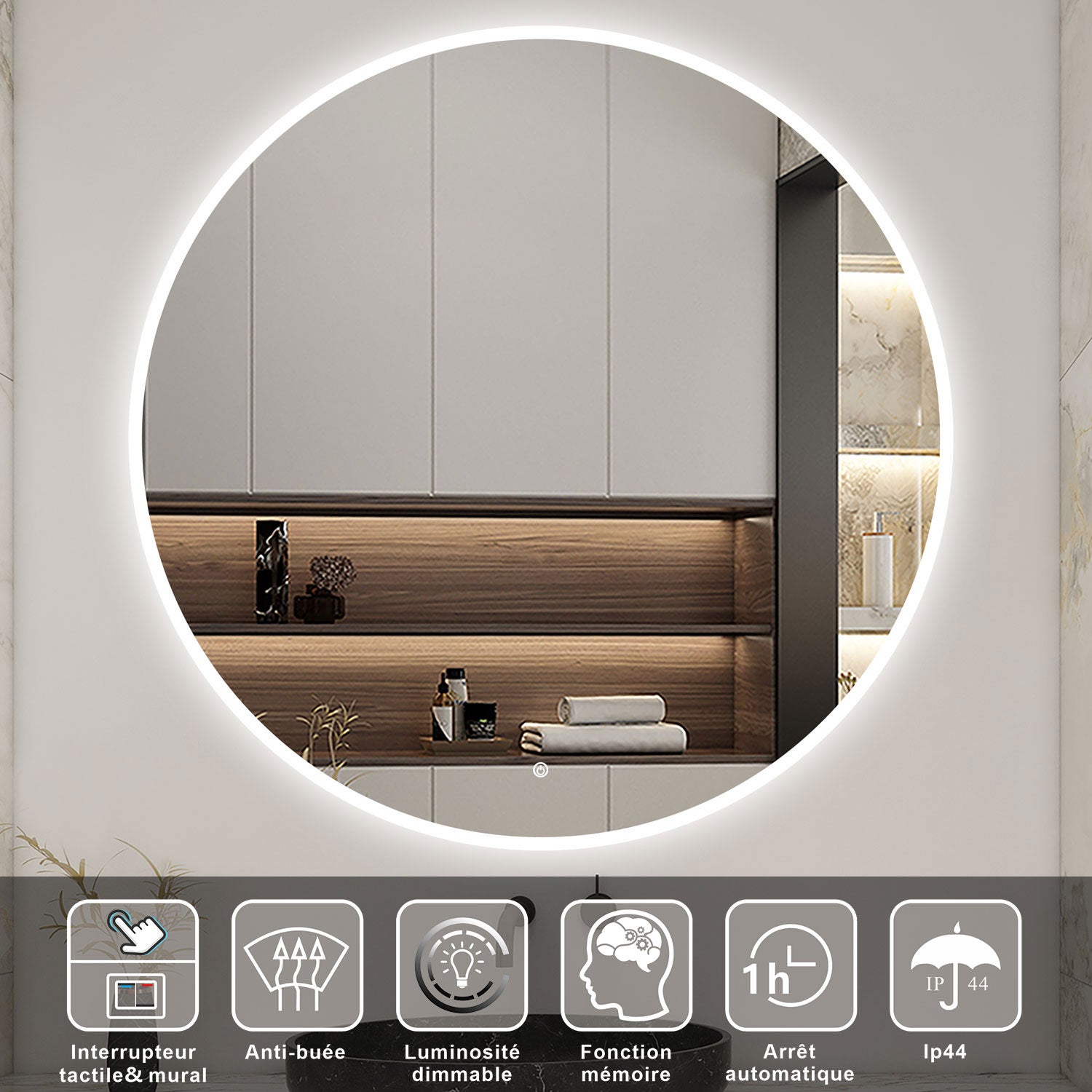 AICA Miroir lumineux rond 120cm anti-buée +dimmable + mémoire, miroir de salle de bain led - 2