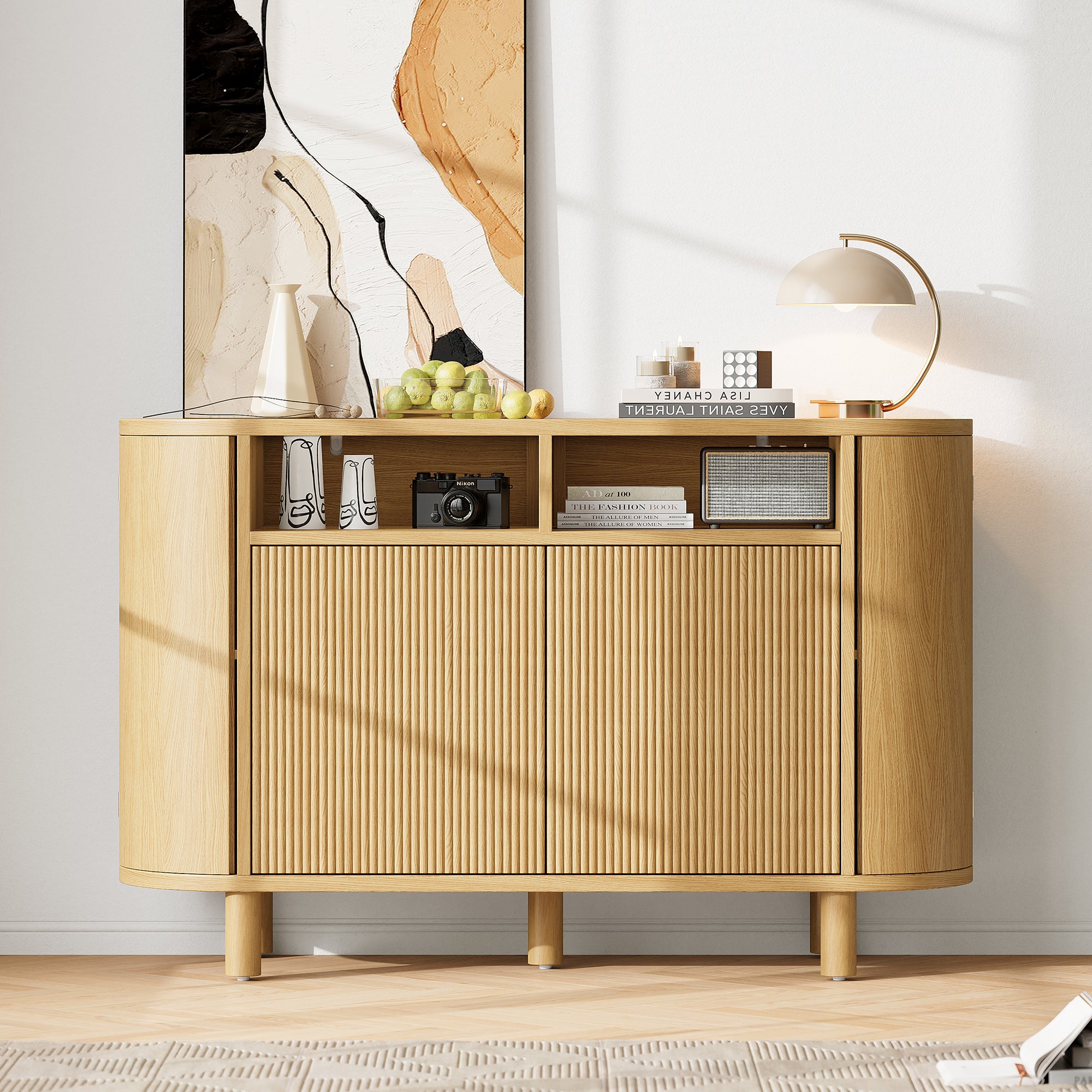 Komoda owalna z 4 drzwiami i 2 otwartymi przegrodami - 120 x 38 x 77 cm - MDF - Rozkładany blat - Naturalny