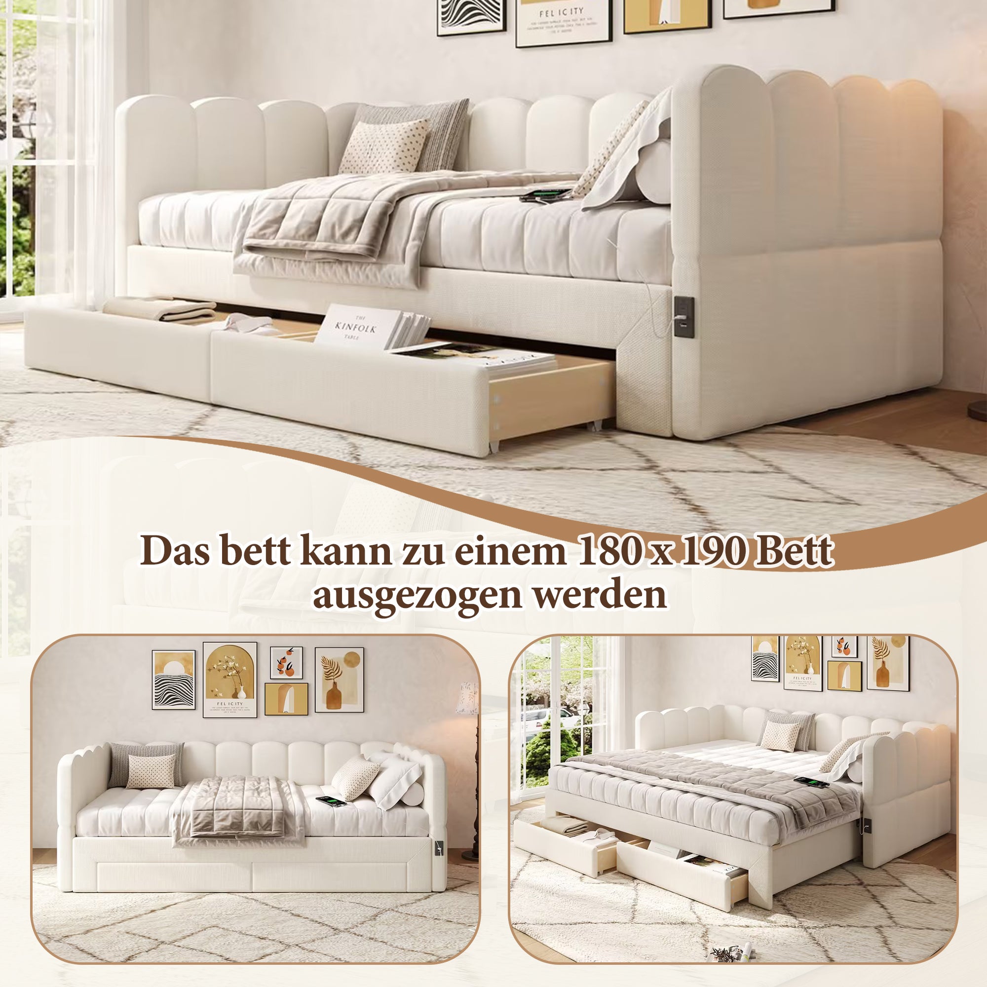 Łóżko wysuwane 90/180 x 190 cm z 2 szufladami, sofa rozkładana - Tkanina lniana - Port USB - Beżowy (Materac nie jest wliczony w cenę) - 6