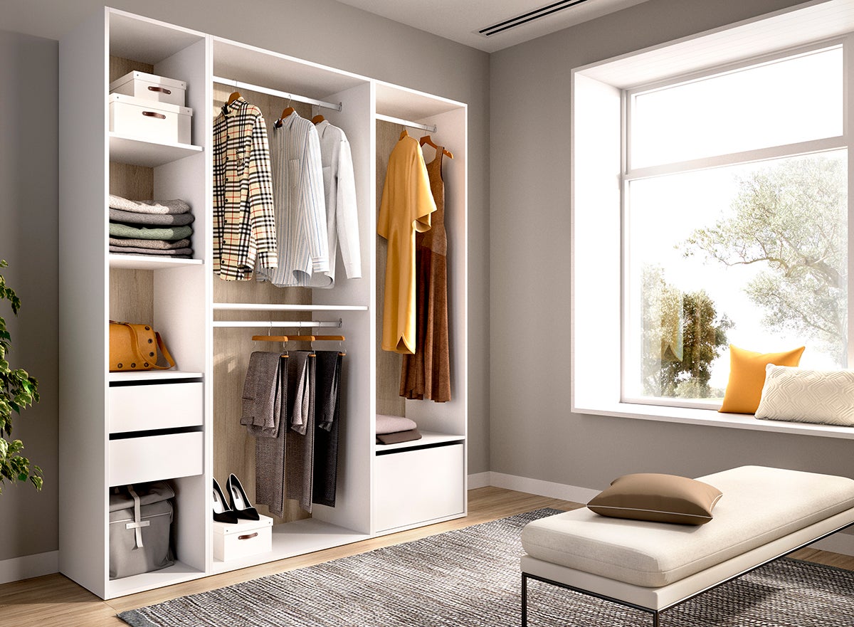 Armoire dressing ouverte avec fond arrière réversible, penderie avec 2 tringles,2 tiroirs et une porte chaussures, coloris blanc/naturel