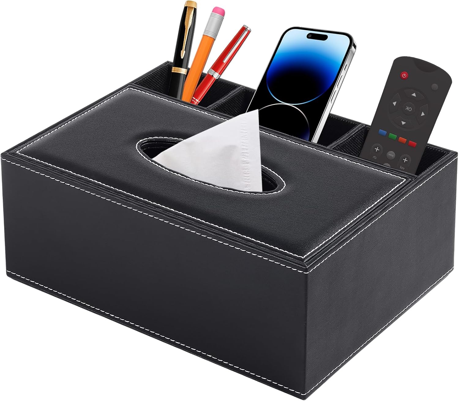 Prostokątne skórzane pudełko na chusteczki, dozownik z 3 bocznymi organizerami, do restauracji, hotelu, biura i samochodu, czarne