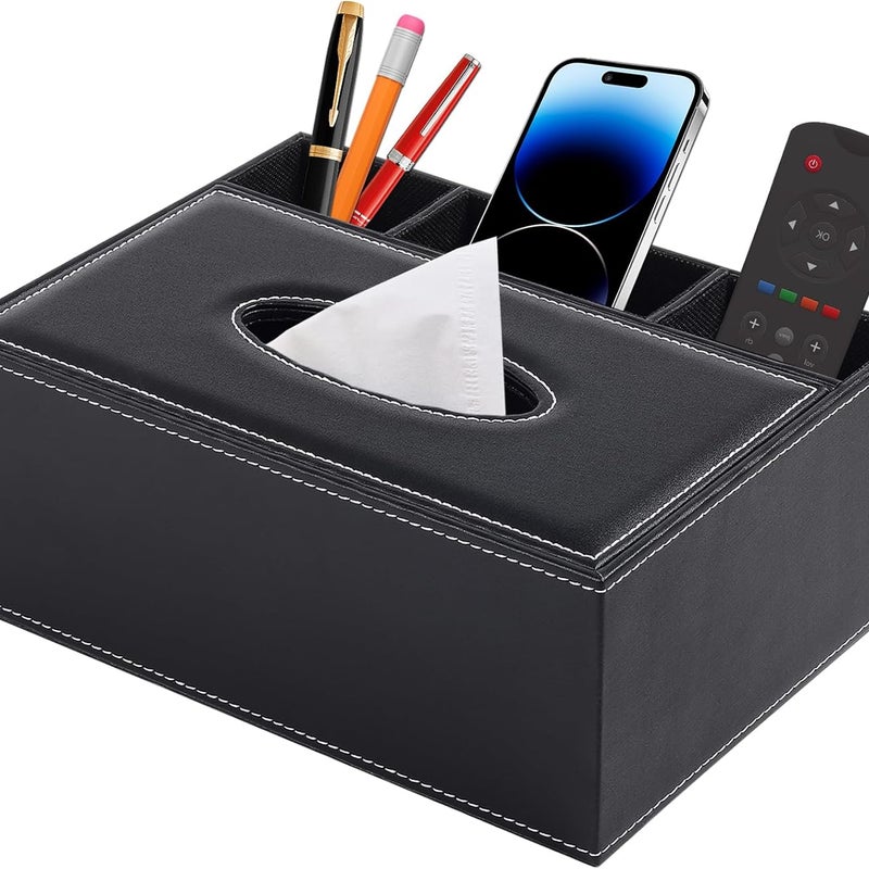 Prostokątne skórzane pudełko na chusteczki, dozownik z 3 bocznymi organizerami, do restauracji, hotelu, biura i samochodu, czarne