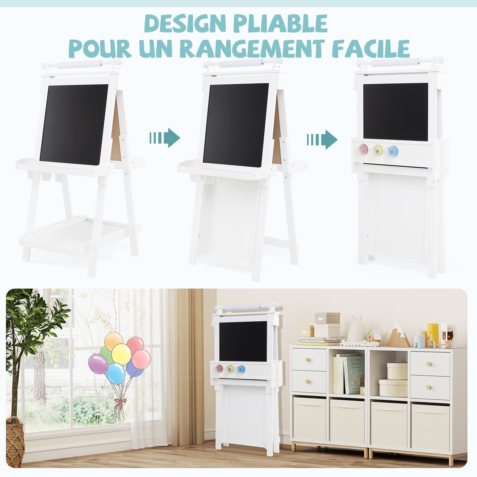 Chevalet Pliable pour Enfants, Double Face avec Tableau Noir et Tableau Blanc Magnétique, Rouleau de Papier Remplaçable, 3 Gobelets, Blanc - 7