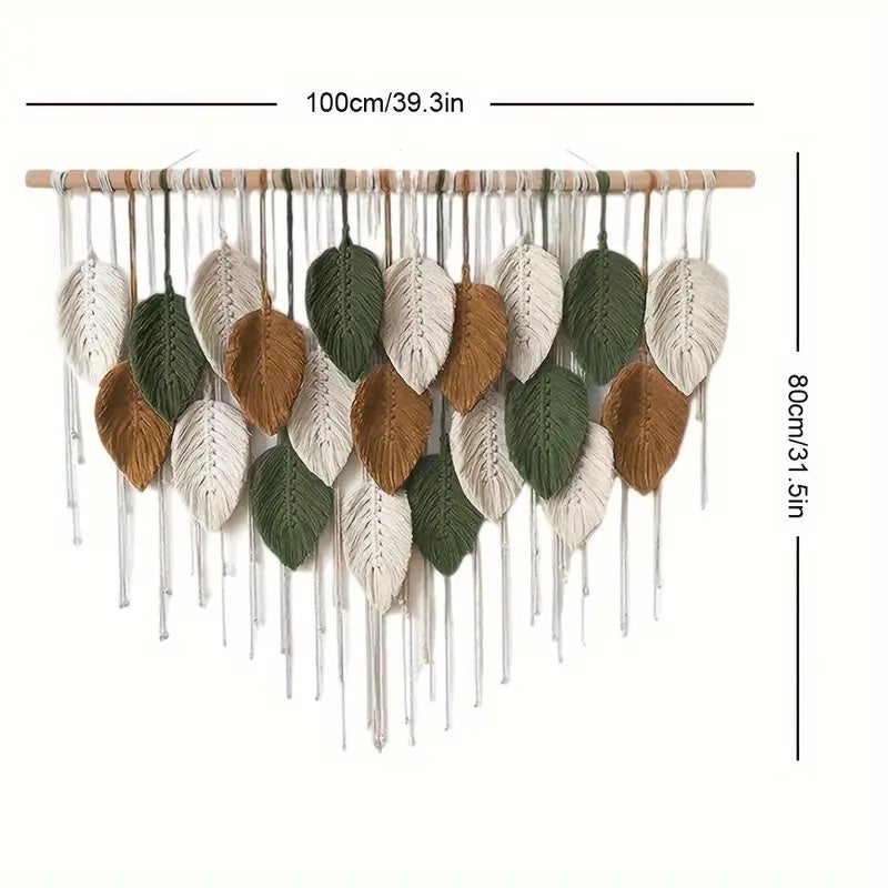 Grande tapisserie murale bohème en macramé à motif de feuilles avec pompons - Décoration artisanale multicolore pour salon ou chambre - 3