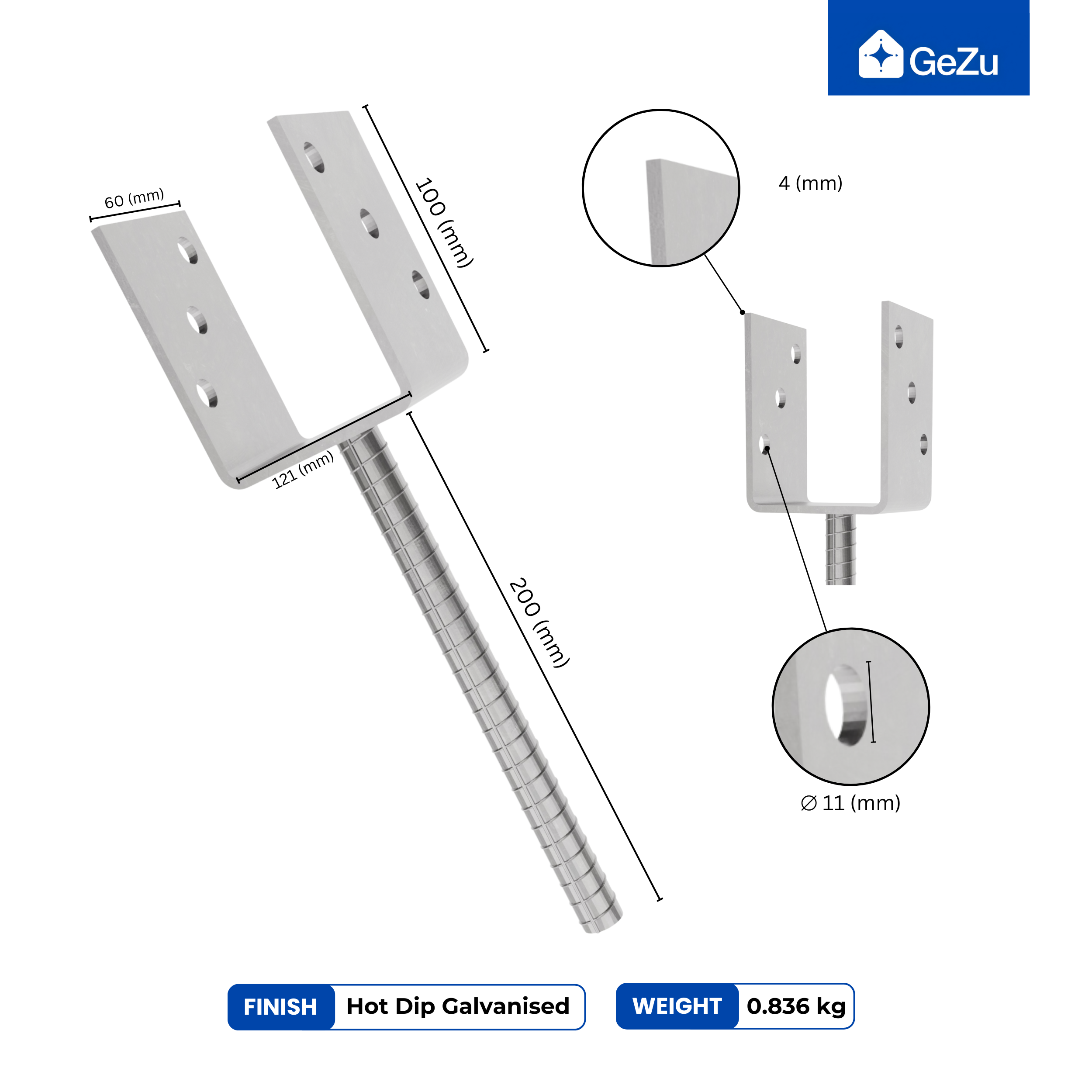 Support de poteau U Galvanisé à chaud 121 x 300 mm ancre platine bois pied poteaux clôture GeZu Impex - 2