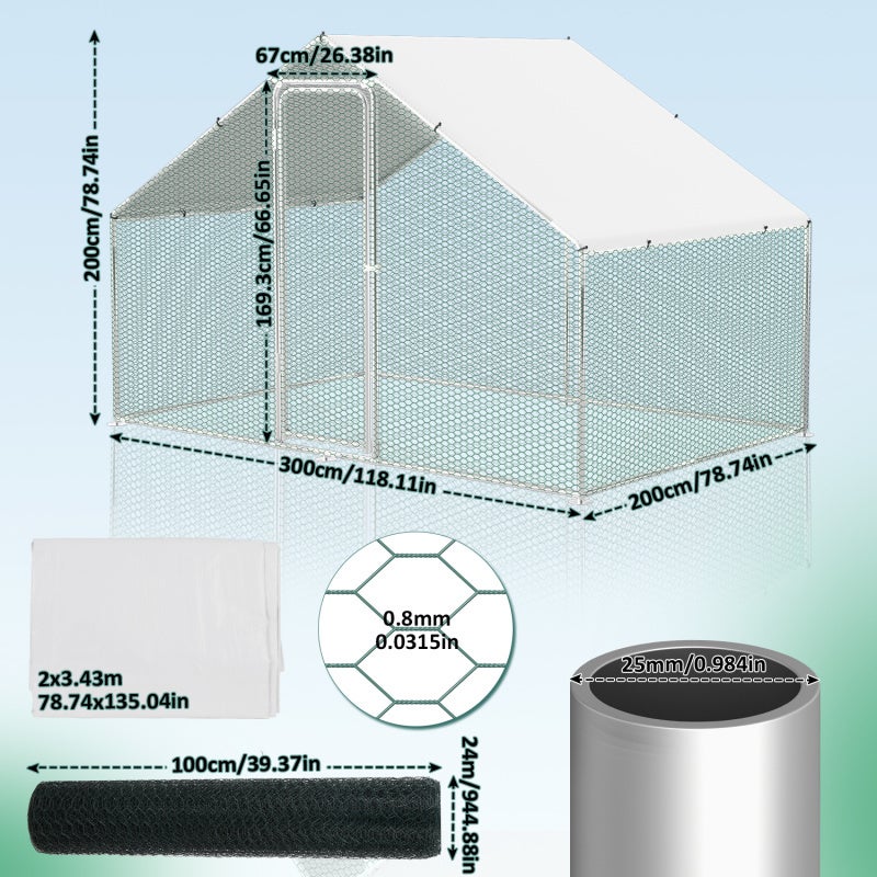Recinto para galinheiro com rede metálica 3x2x2 m com segurança e tecido PE impermeável, para galinhas, pequenos animais - 2