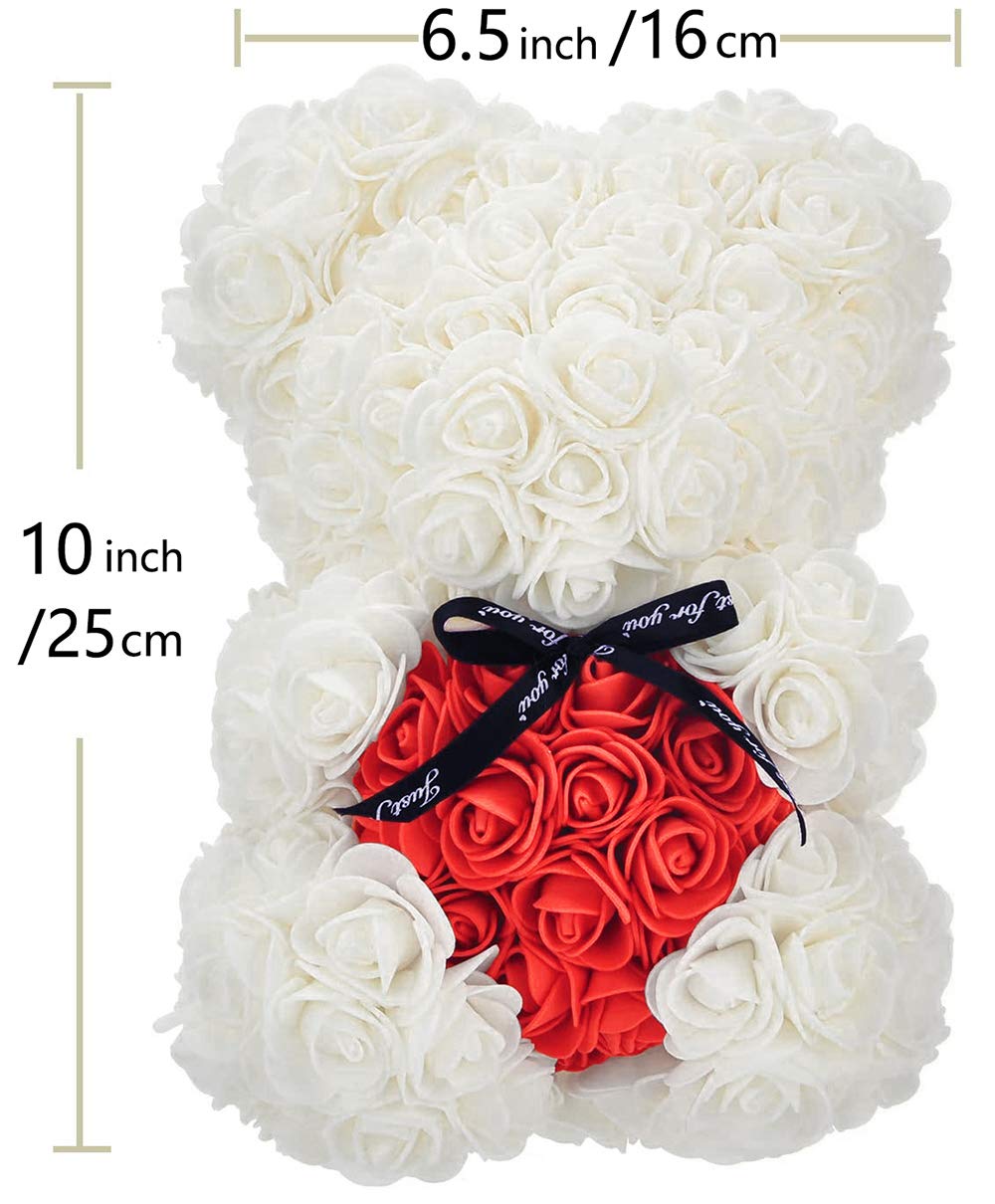 Ours en Roses Blanc avec Cœur Rouge, Ours de Fleurs LED 25cm, Cadeau Romantique pour Elle, Anniversaire, Fiançailles, avec Boîte & Carte, Fait Main - 6