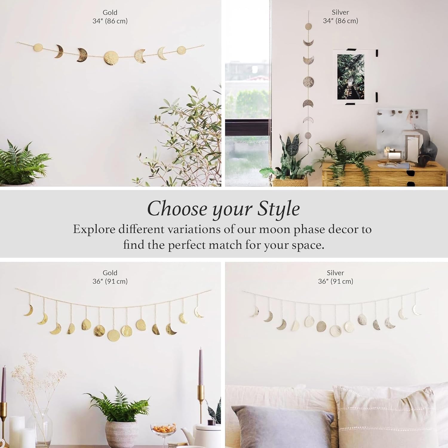 Décoration murale phase de lune,art mural doré pour chambre, style bohème, guirlande murale en métal de 91 cm (13 phases de la lune),argent - 7
