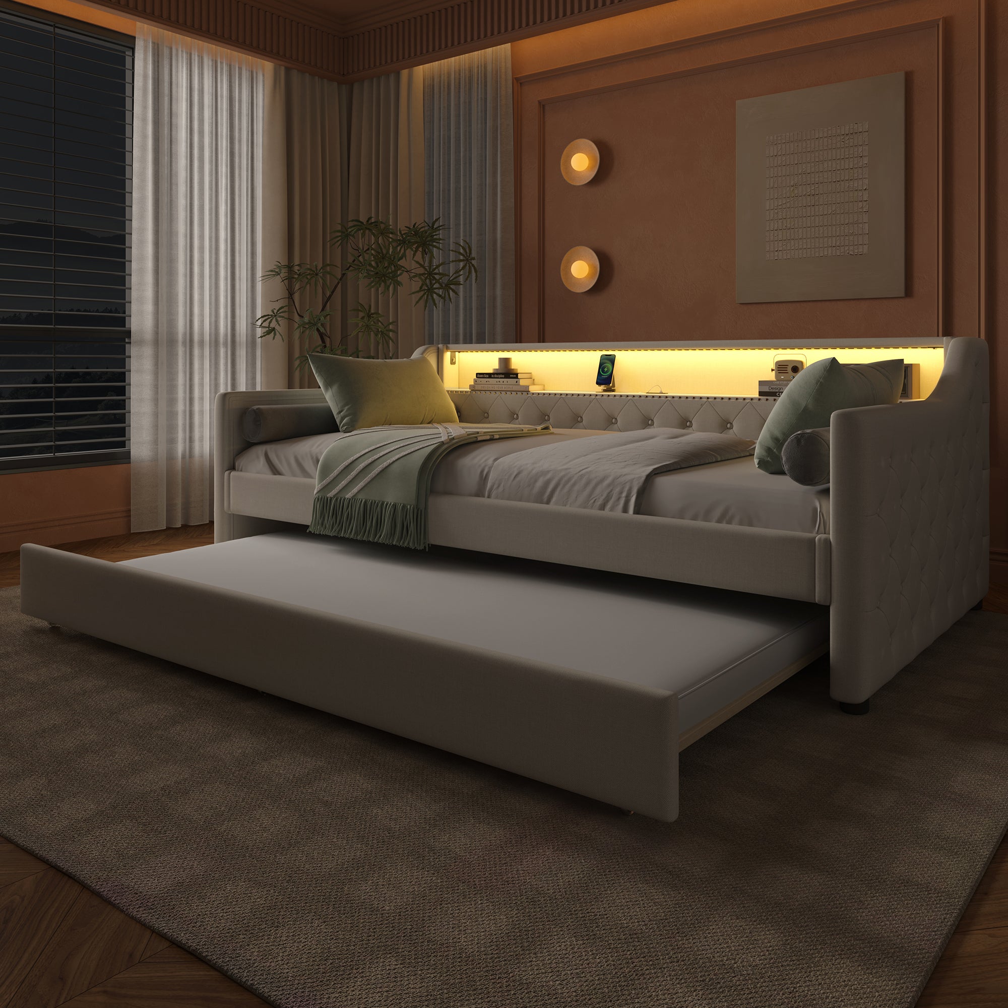 Sofa rozkładana 90 x 200 cm - z oświetleniem LED - z wysuwanym łóżkiem - z USB - pościel - z podstawą - kolor beżowy - 4