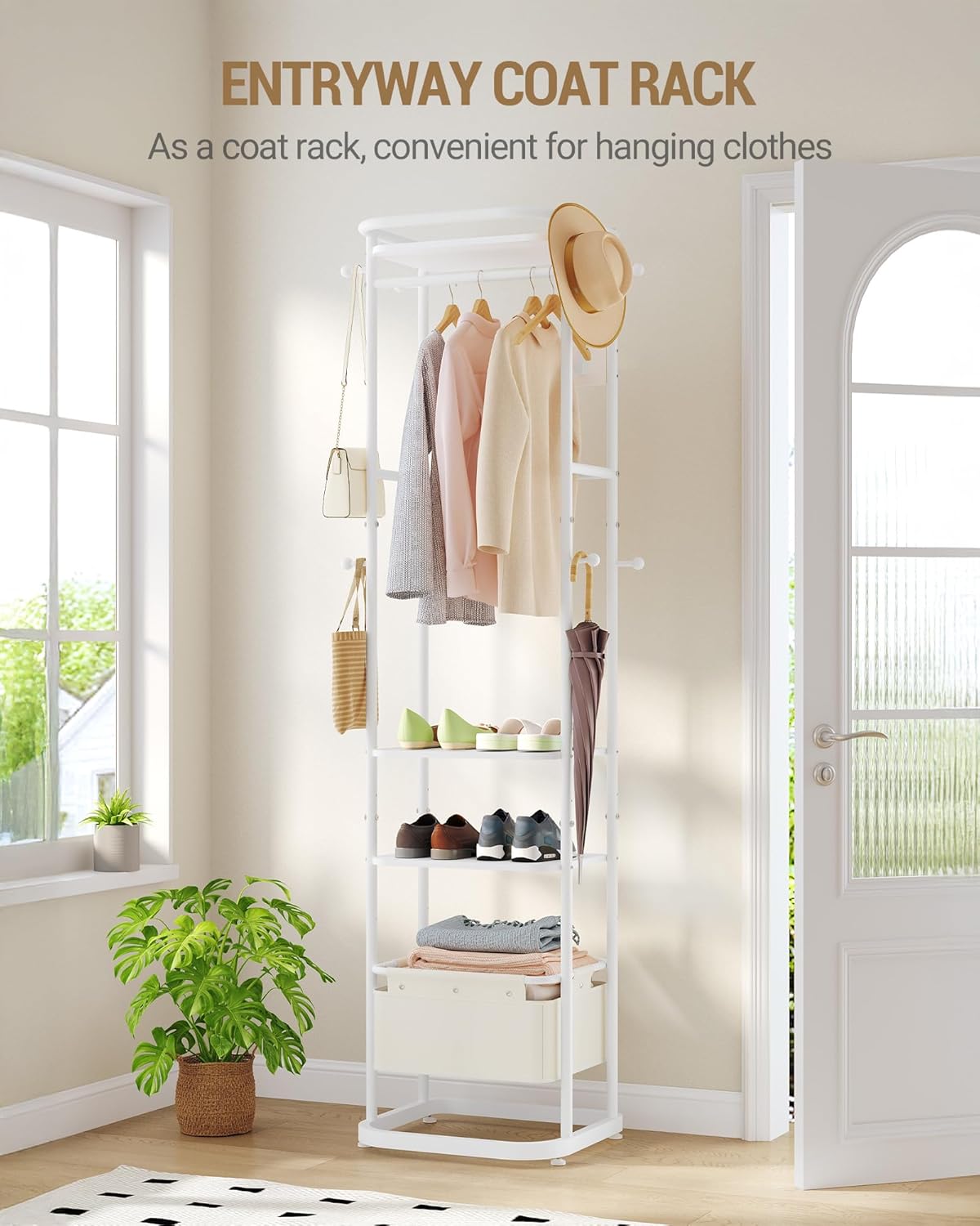 Porte-Manteau avec 3 Étagères et 11 Crochets pour Écharpes, Sacs, Boîtes, Porte Manteau sur Pieds avec 1 Panier,Blanc - 8