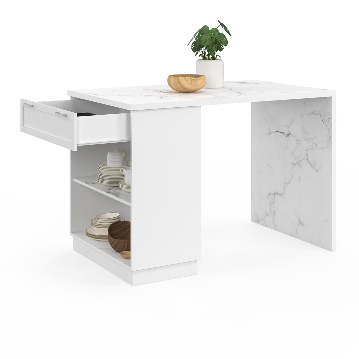 Ilot central mange-debout 4 personnes VITO 130 cm blanc et plateau marbre ALASKA - 4