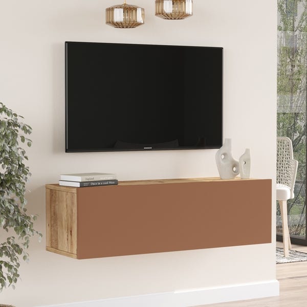 Mobile TV Sospeso 100x32x30 Rosso E Rovere Effetto Legno Con Vano