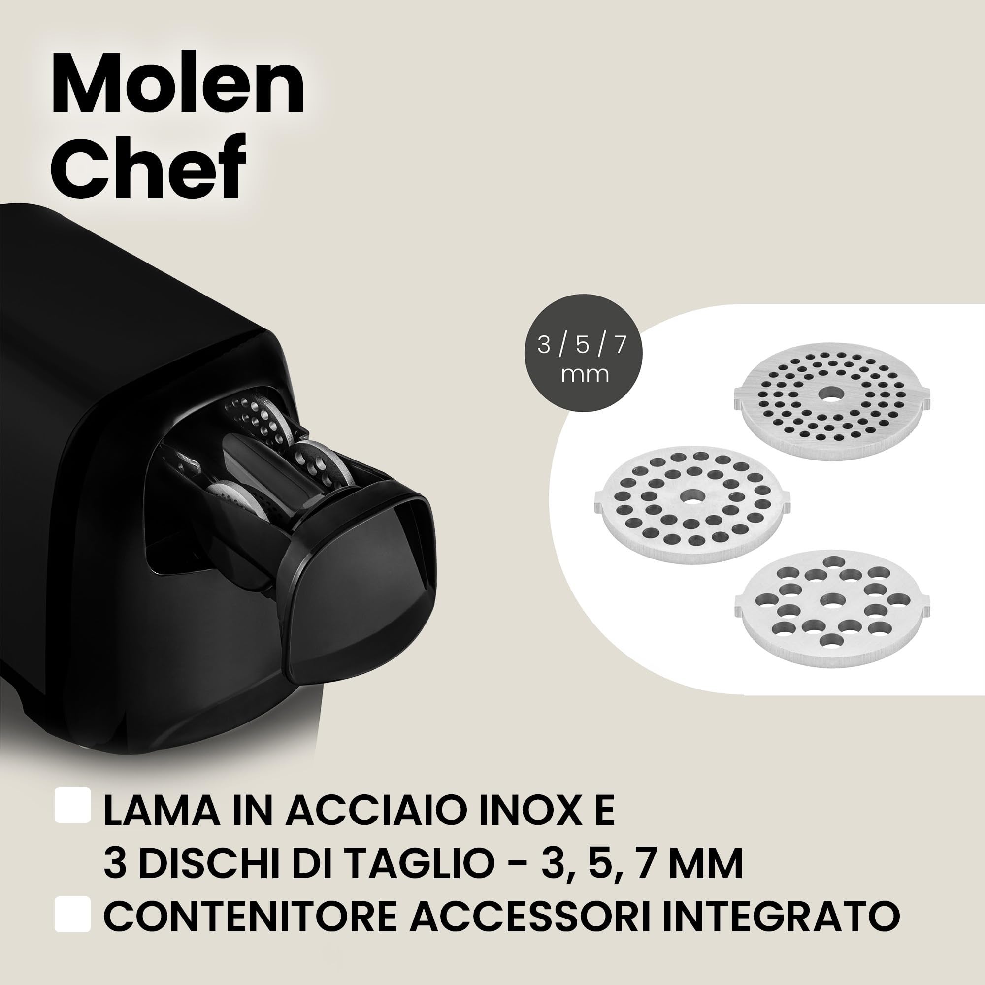 ZEEGMA Molen Chef Tritacarne Elettrico per carne, formaggi e tagliaverdure Potenza di picco 1900W, 4 Piastre di molatura in acciaio inox, Macchina per - 3