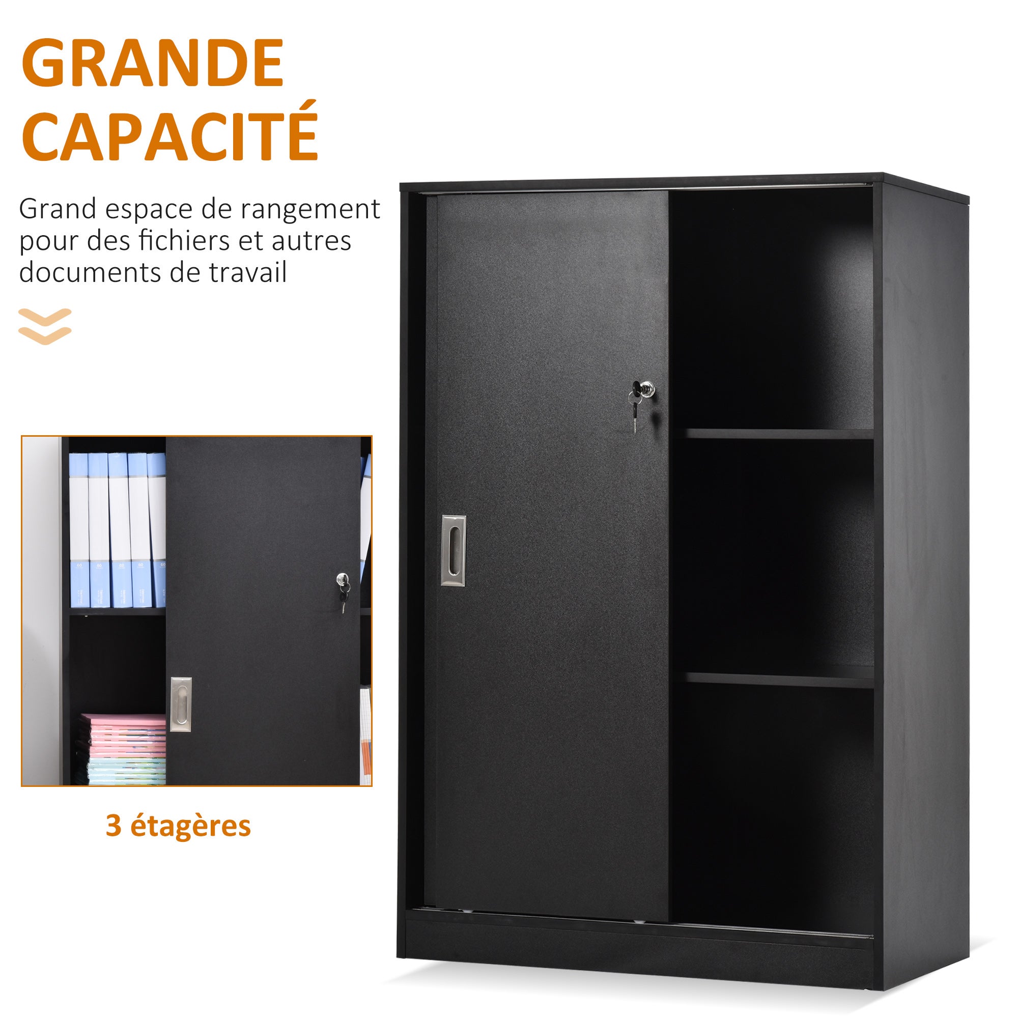 Armoire de bureau aggloméré 2 portes coulissantes HOMCOM noir - 4
