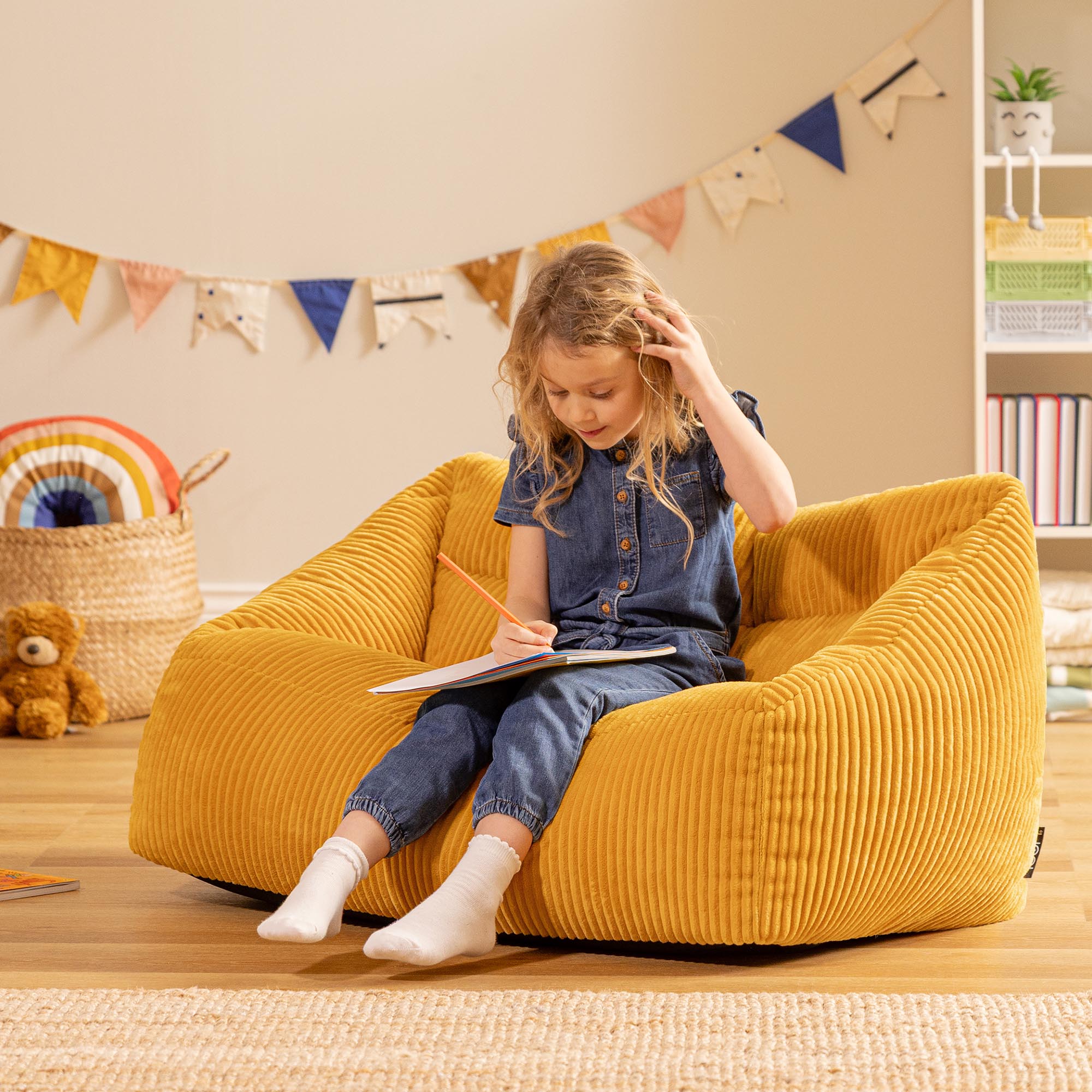 Pouf canapé enfant Icon velours côtelé Oeko-Tex® jaune ocre, chambre, salon, 55x95cm - 3