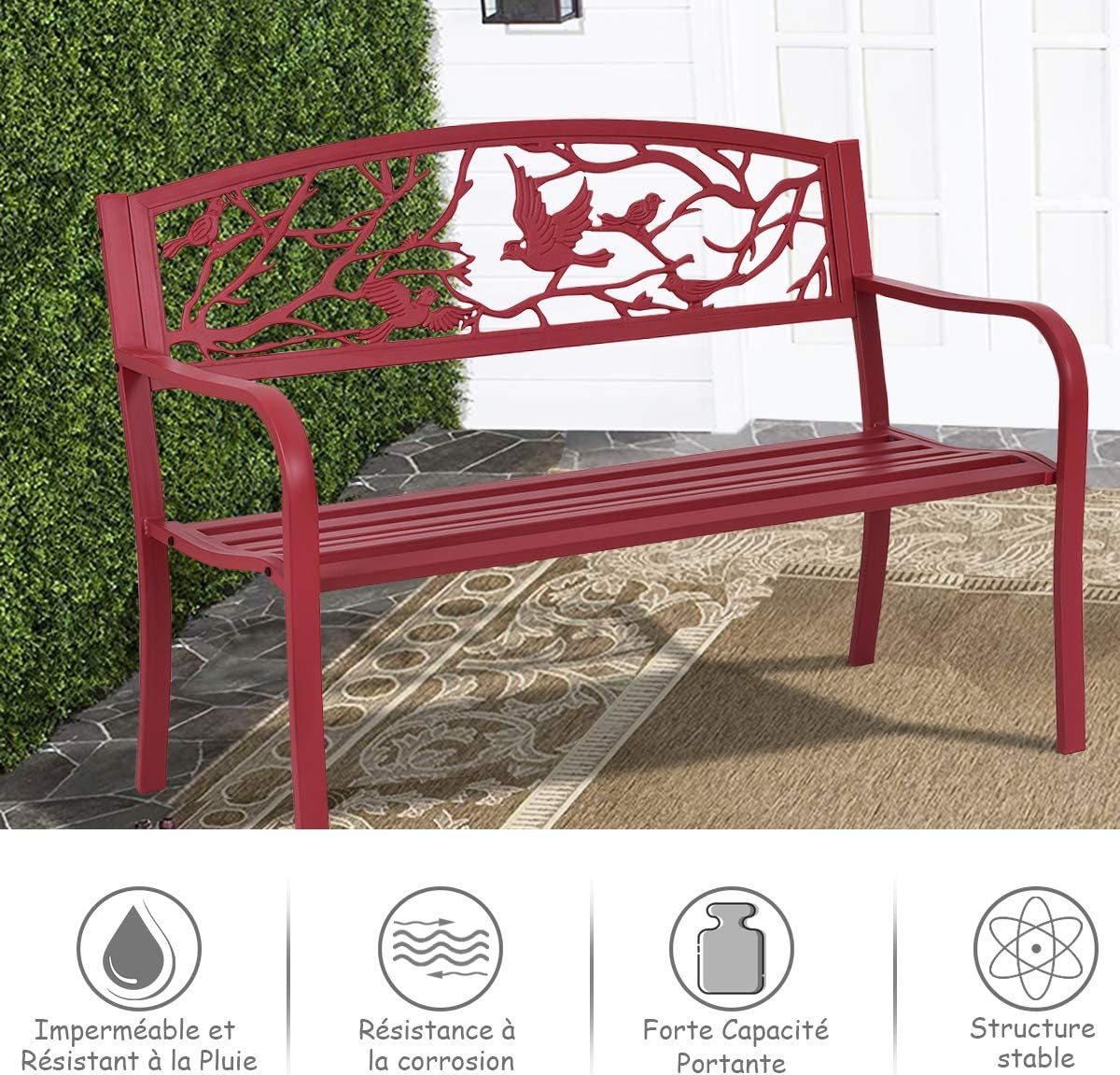 Banc de Jardin en Métal, Dossier Ergonomique avec Motif a l’Oiseau en Fer Forge, 2-3 Places, avec Accoudoirs et Dossier Ergonomique, 280KG,Rouge - 4