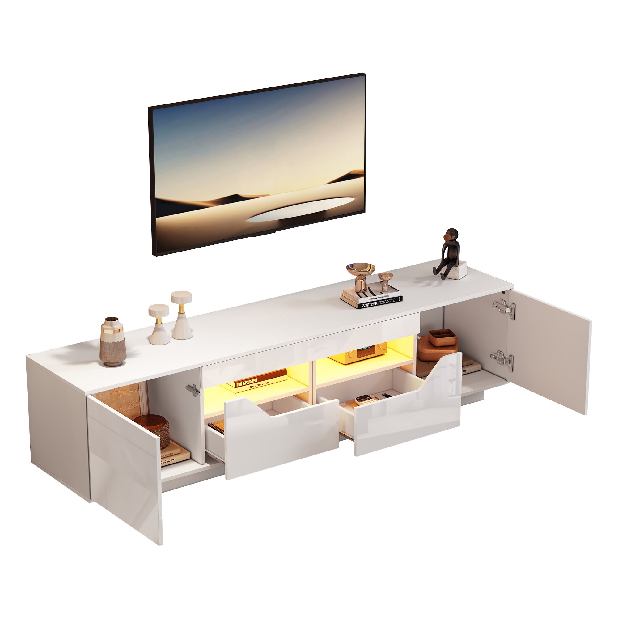 Meuble TV brillant 180x40x45 cm - avec éclairage LED - 2 tiroirs et 2 portes - Compatible avec téléviseurs 75 pouces - Blanc - 8