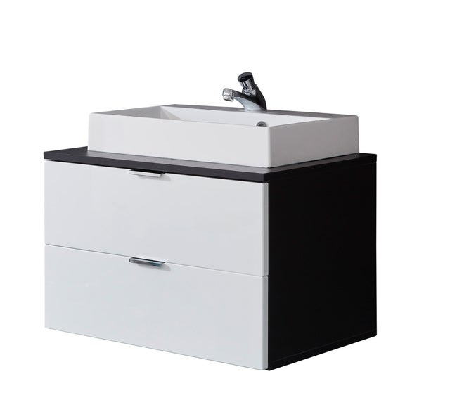 ConceptOne szafka pod umywalkę 2 szuflady, zlew bez kranu szary, biały wysoki połysk, umywalka nablatowa z odlewu mineralnego biała.