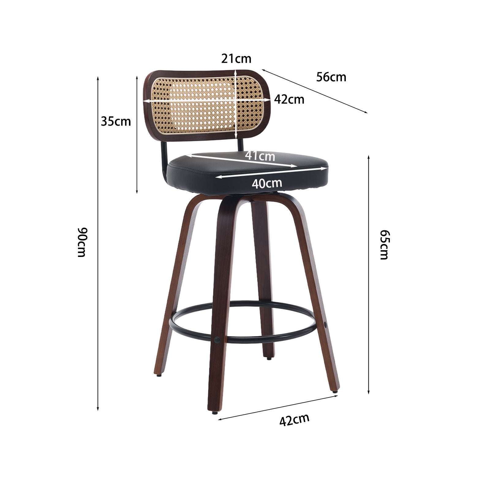 Lot de 2 chaise de bar Noyer Hauteur Comptoir 66 cm, Tabouret de bar Dossier en Cannage, Assise Rembourrée Noir, Salle a manger Fonction Pivotante - 9