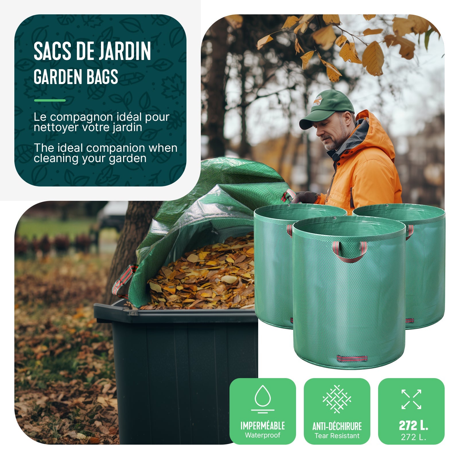 Lot de 3 Sac à déchets de jardin 272L - 50kg max - 3 poignées renforcées - réutilisables et résistants - VOUNOT® - 7