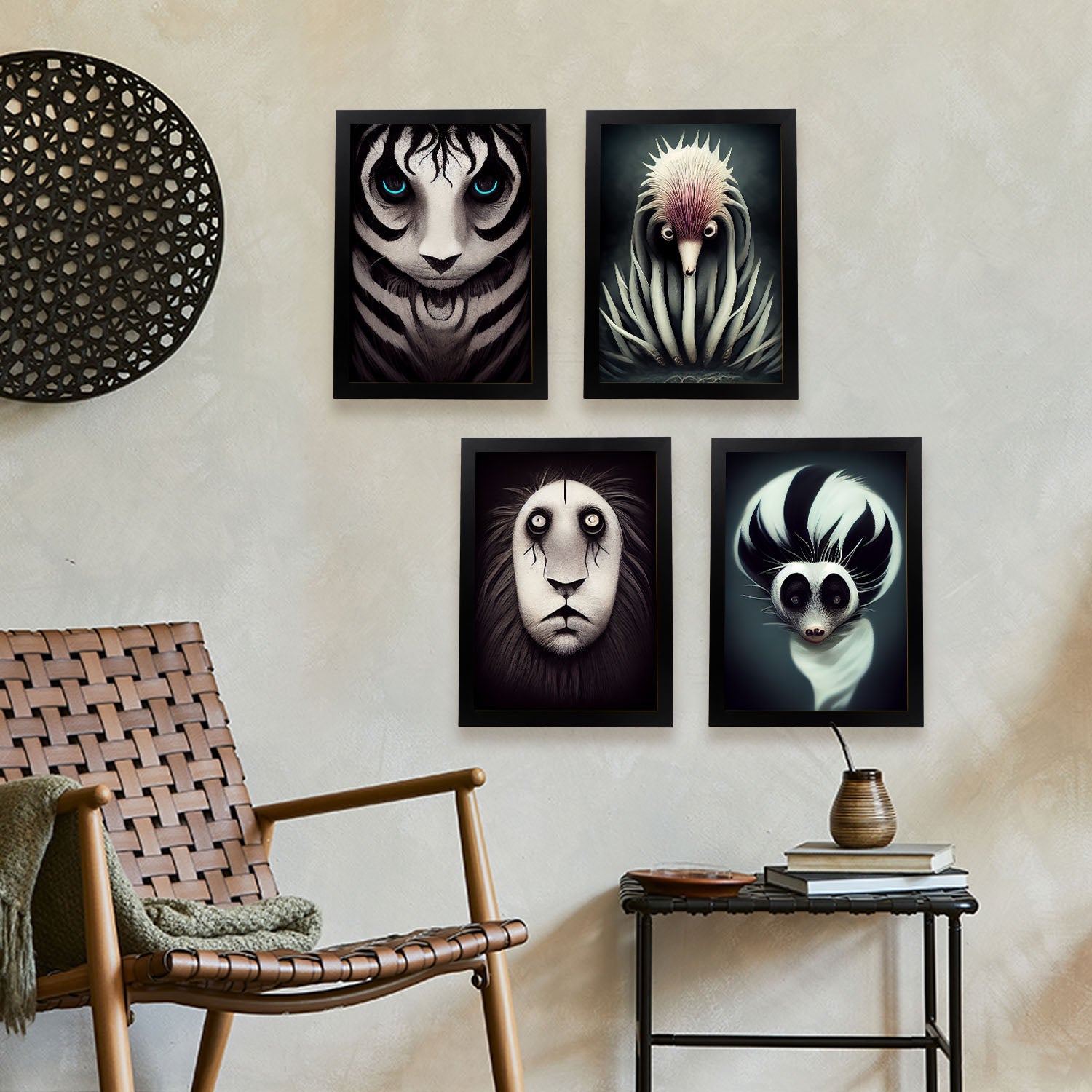 Set 4 posters blanco y negro estilo t burton ilustraciones y pósters de animales inspirados en el arte gótico y oscuro de burton diseño y a4 sin marco