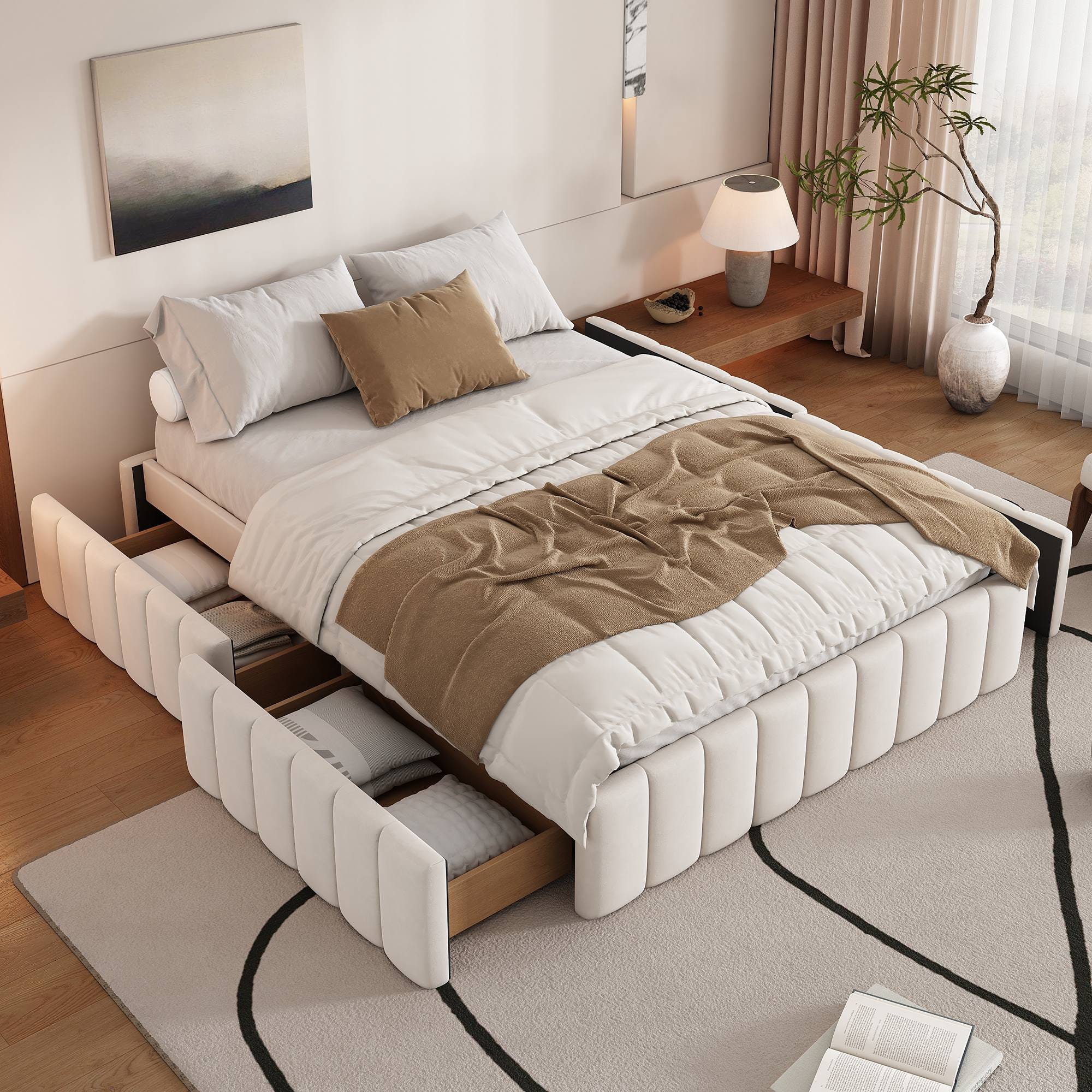 Lit Adulte 140x200 Cm Avec Tête De Lit LED Et Rangement - 4 Tiroirs, Port USB, Structure Métal, Similicuir Gris - Charge Max 300 Kg (sans Matelas)