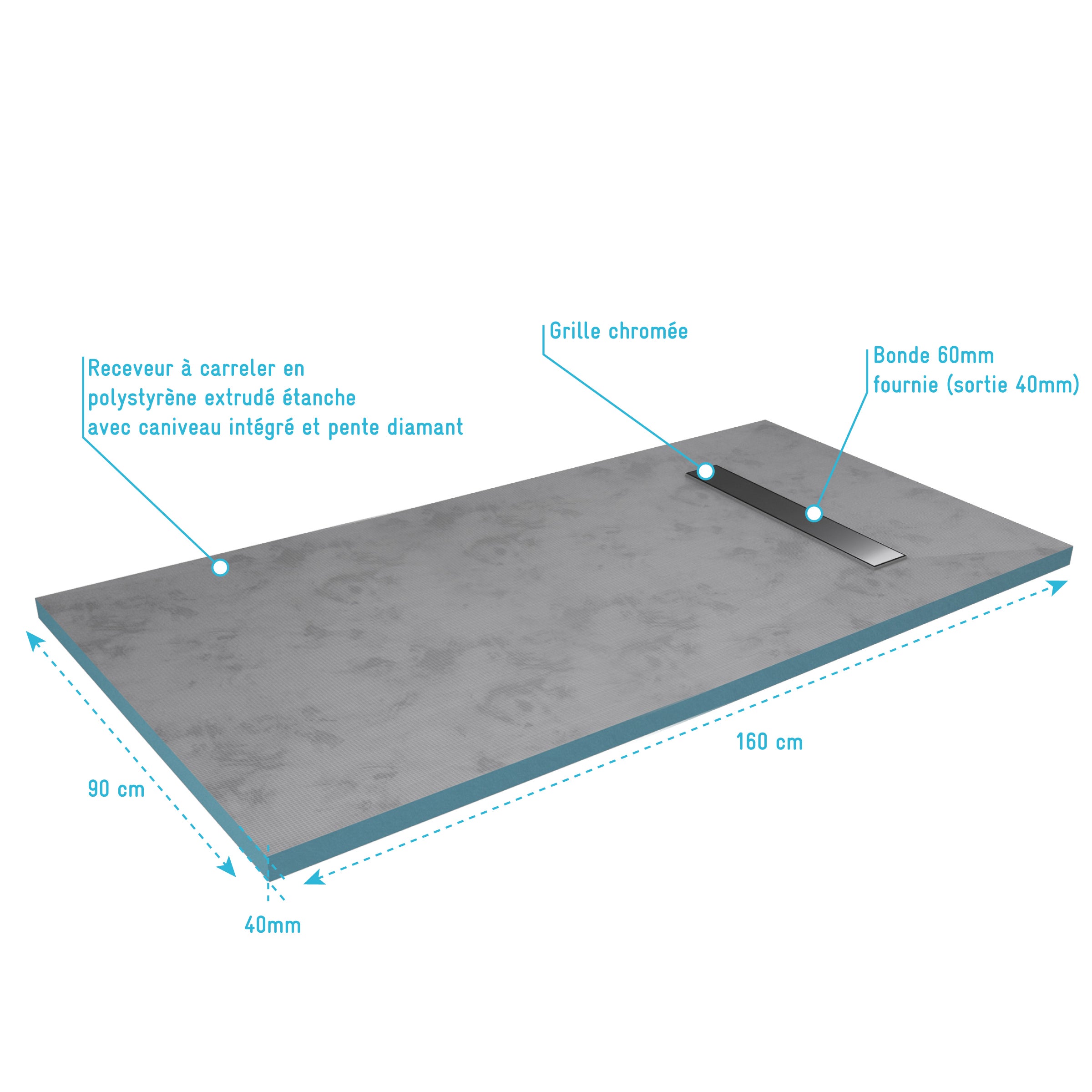 RECEVEUR DE DOUCHE A CARRELER 90x160CM RECOUPABLE SUR MESURE AVEC BONDE CANIVEAU RAINY LINEAR 160 - 4