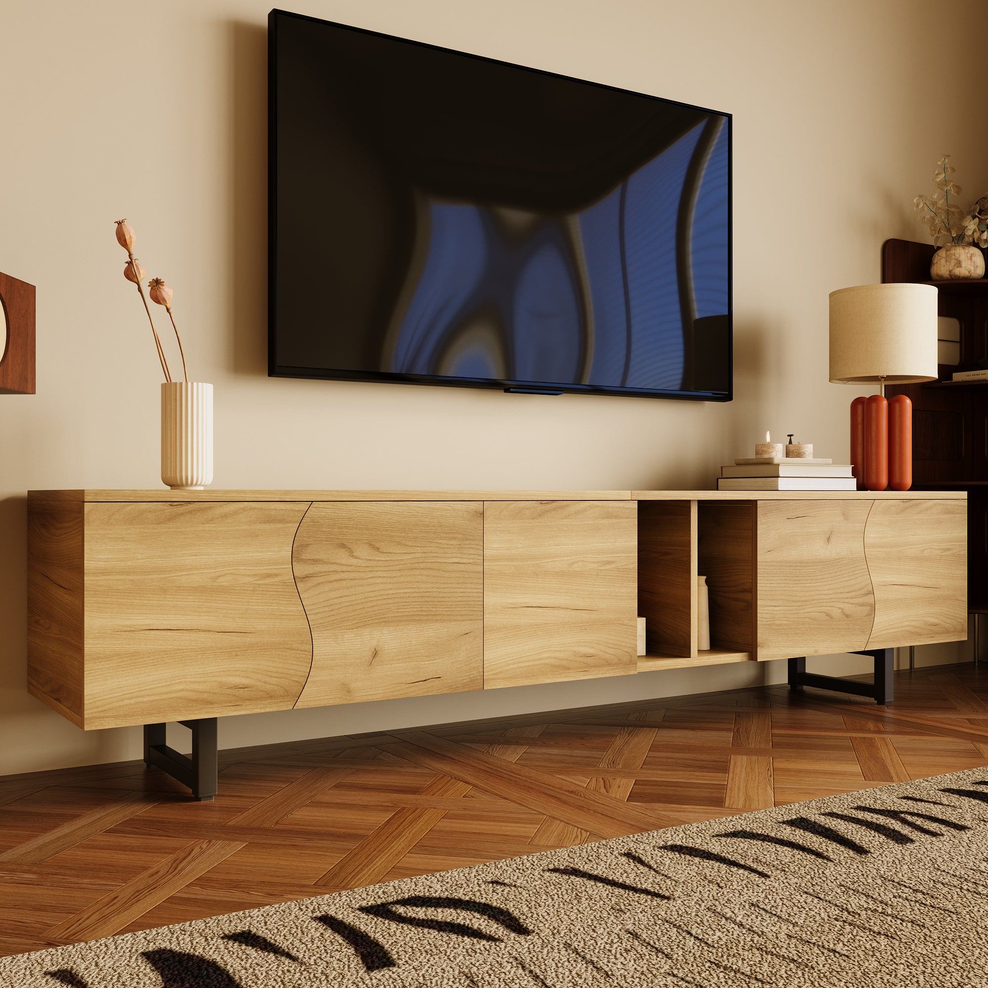 Stolik pod TV z 5 drzwiami i otwartymi przegródkami - 191 x 38 x 46,5 cm - Płyta wiórowa + MDF - Naturalny - 9
