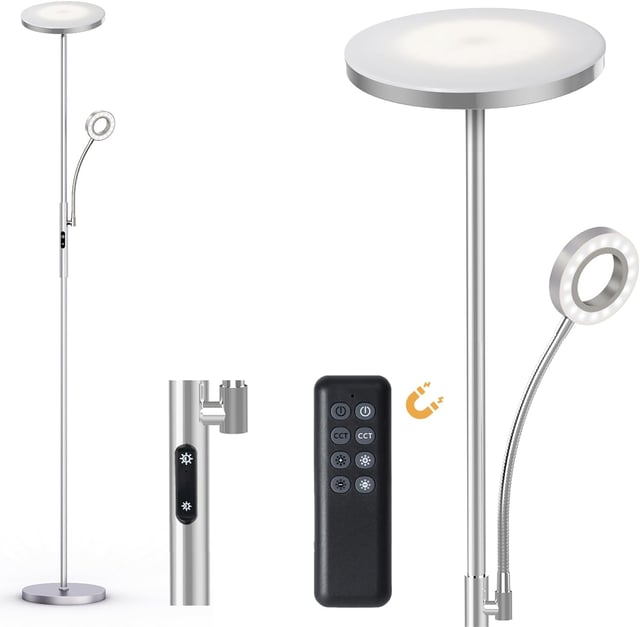 Amdelne Lampadaire LED, 30W+5W 2500LM, dimmable et couleur réglable 3000K-6000K, avec télécommande magnétique Nickel