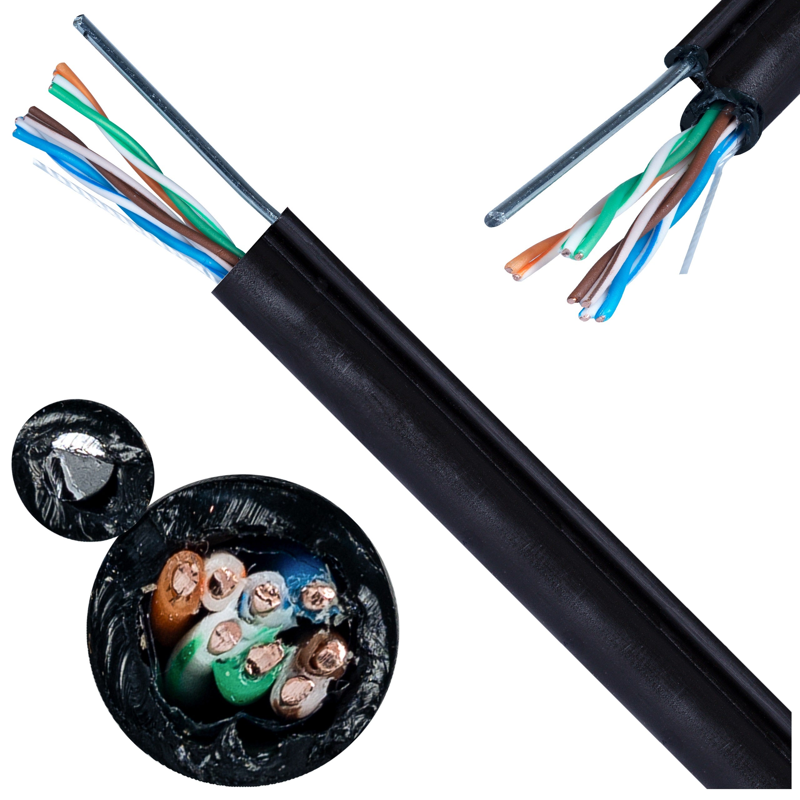 Kabel sieciowy U/UTP kat.5e skrętka 4x2x0,5mm zewnętrzny suchy z linką nośną PE czarny MAXCABLE 500m