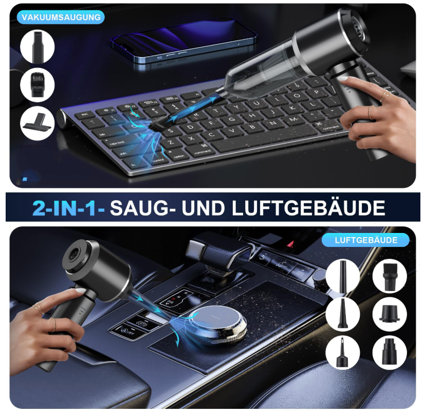 Aspirateur à main et souffleur 2 en 1, aspirateur sans fil rechargeable 15 000 PA, aspirateur de voiture puissant, 3 vitesses, 80 000 tr/min, noir - 2