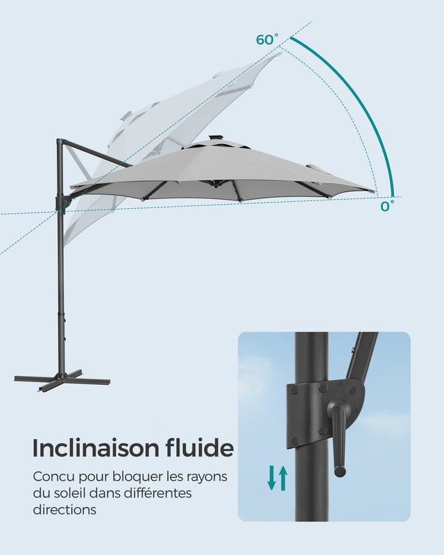Parasol de Jardin 300 cm, 28 LED Solaires, UPF 50+, Pivotant à 360°, Inclinaison Fluide, Manivelle, avec Base en Croix, Gris Tourterelle - 6