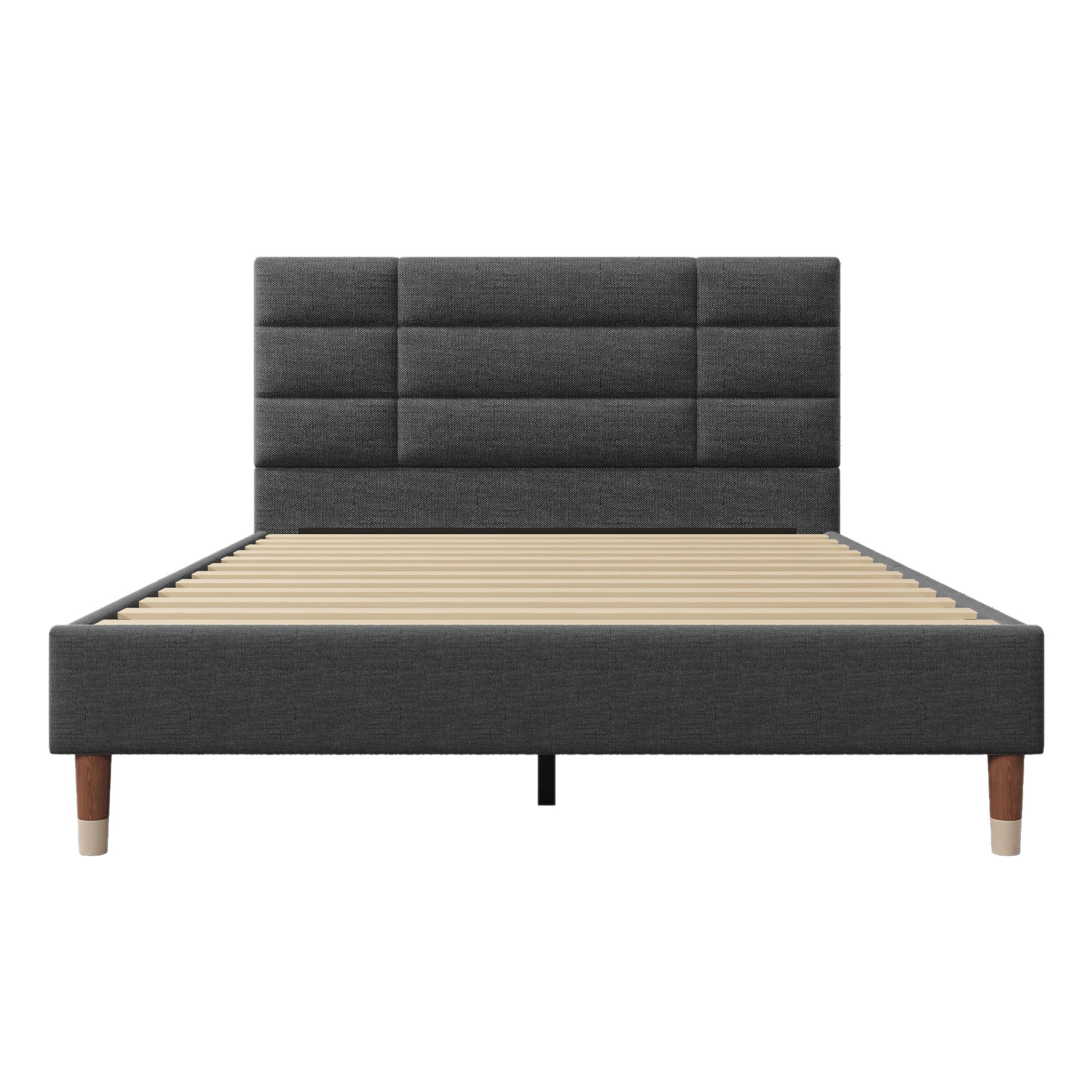 Łóżko podwójne 140x200cm - tapicerowane łóżko z lnu z stelażem na listwy i zagłówkiem - Szare - 2