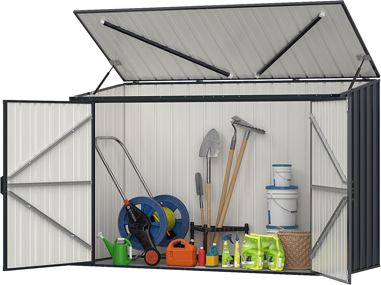 Ogrodowa Szopa ze Stali Ocynkowanej 1,9 m³, 193 x 86 x 127 cm, Zewnętrzna Skrzynia na Śmieci z Podwójnymi Drzwiami z Zamkami, Podnoszona Pokrywa