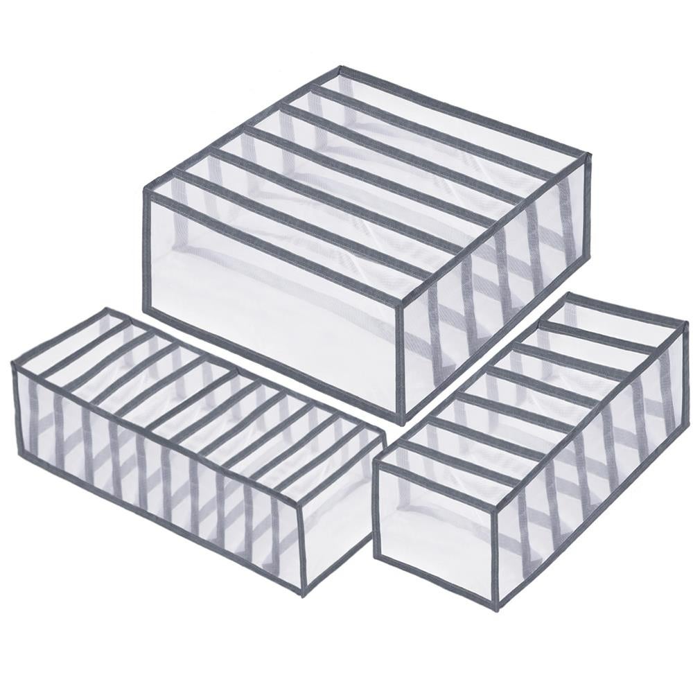 Set 3 organizatoare sertar pliabile sosete lenjerie textile, compartimente multiple, gri 3buc