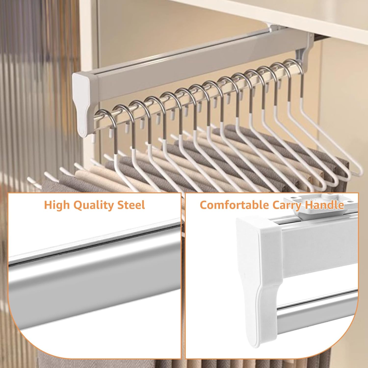 Barra retráctil para armario, 1 pieza, acero laminado en frío, blanca, deslizante, para guardarropa (29,2 cm) - 3