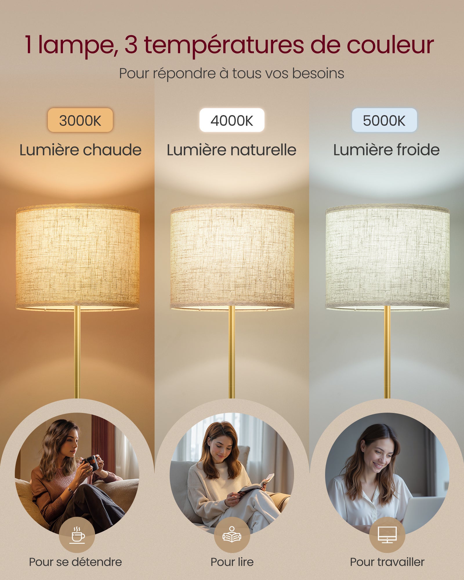 VASAGLE Lampe sur Pied, Hauteur Réglable de 140 à 170 cm, Abat-Jour en Tissu, Douille E27, Doré et Noir - 4
