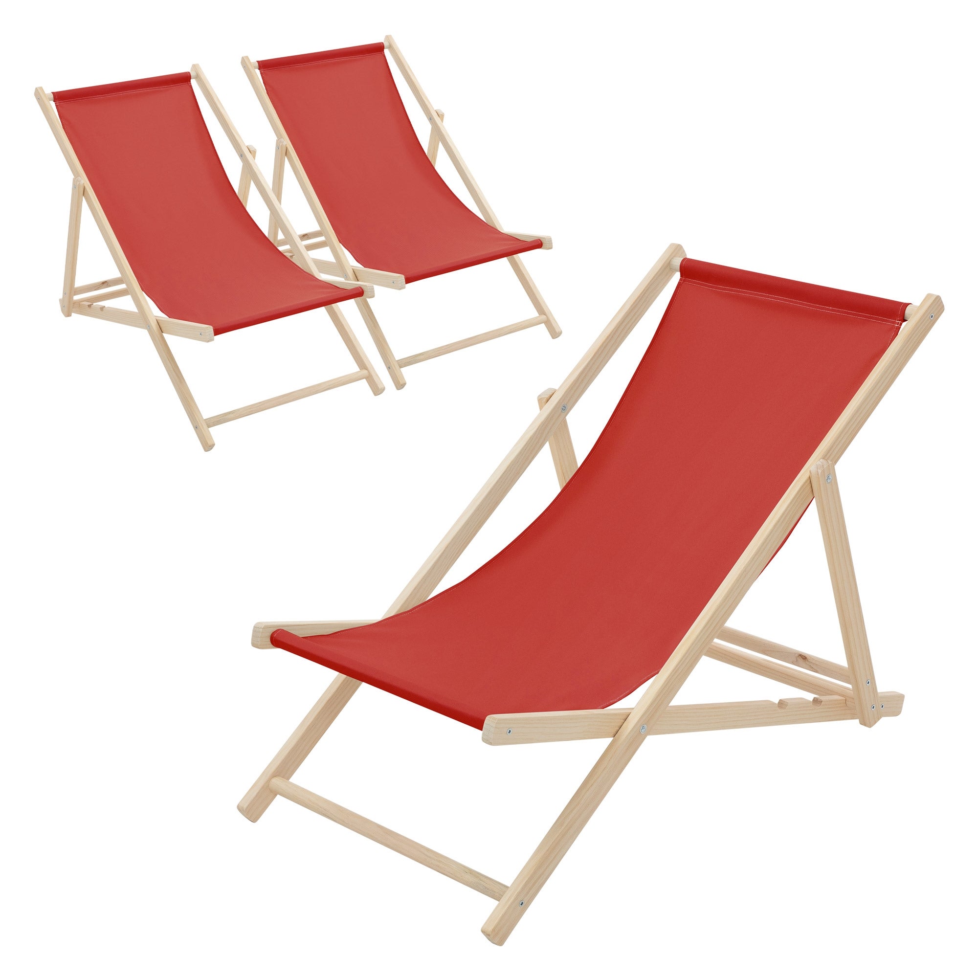 ECD Germany 3x składany leżak drewniany czerwony 3 pozycje odchylenia do 120 kg leżak ogrodowy relaksacyjny plażowy składany na taras ogród