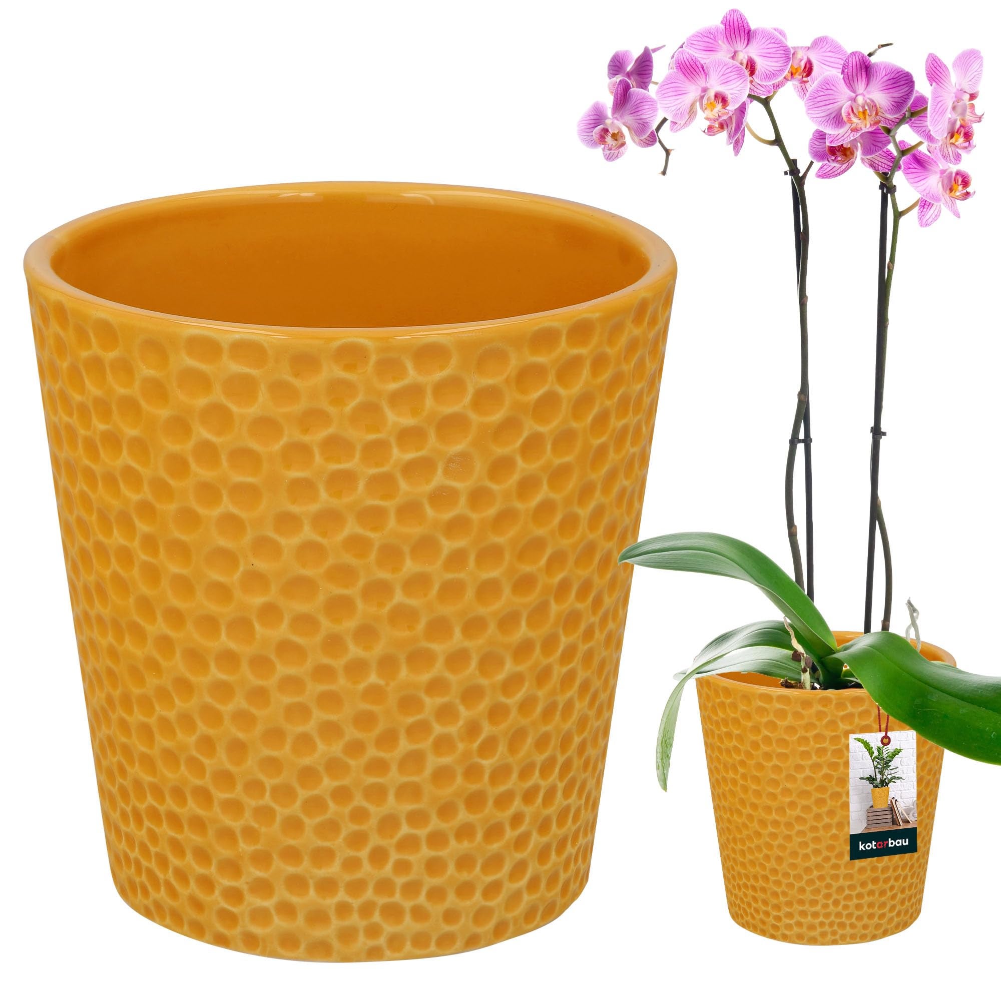 Donica ceramiczna emaliowana - kolor musztardowy - Ø: 12 cm - H: 15 cm - Doniczka na orchidee - nowoczesna doniczka - KOTARBAU