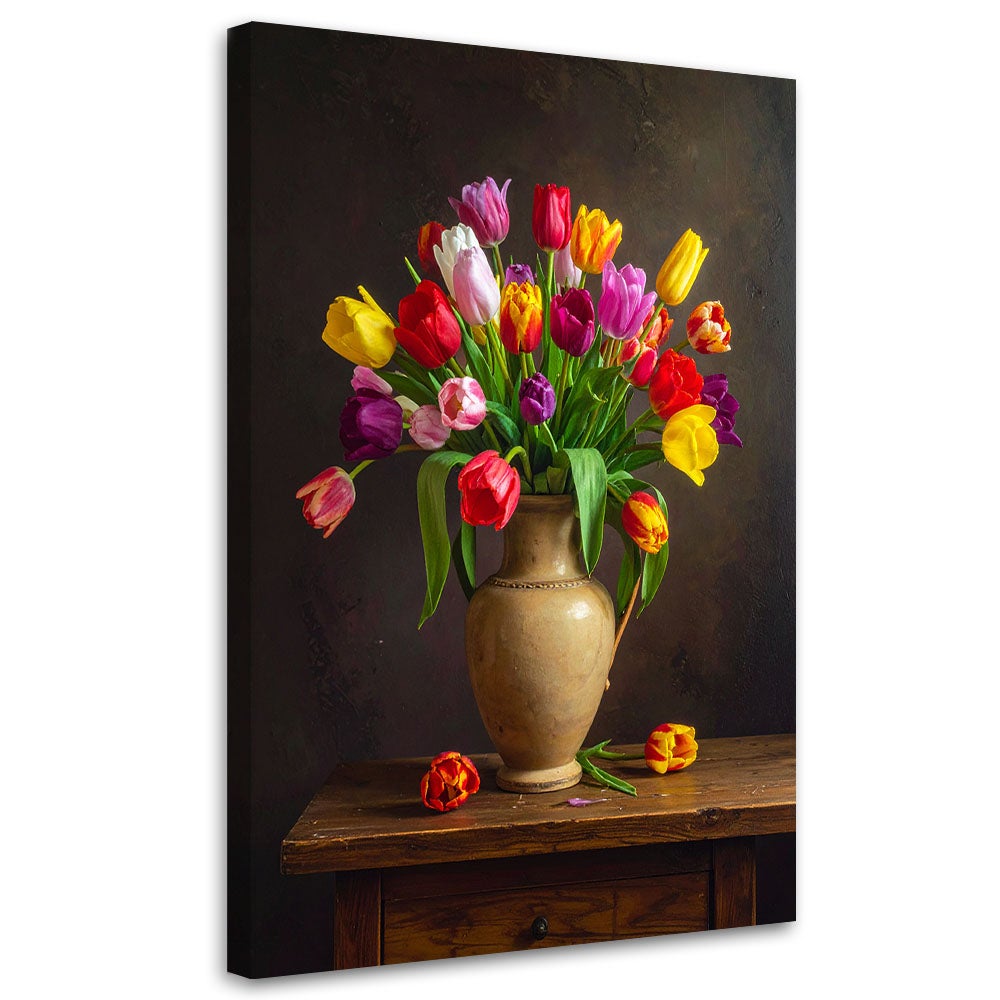 Obraz do salonu sypialni biura, Kolorowe tulipany kwiaty w wazonie 80x120