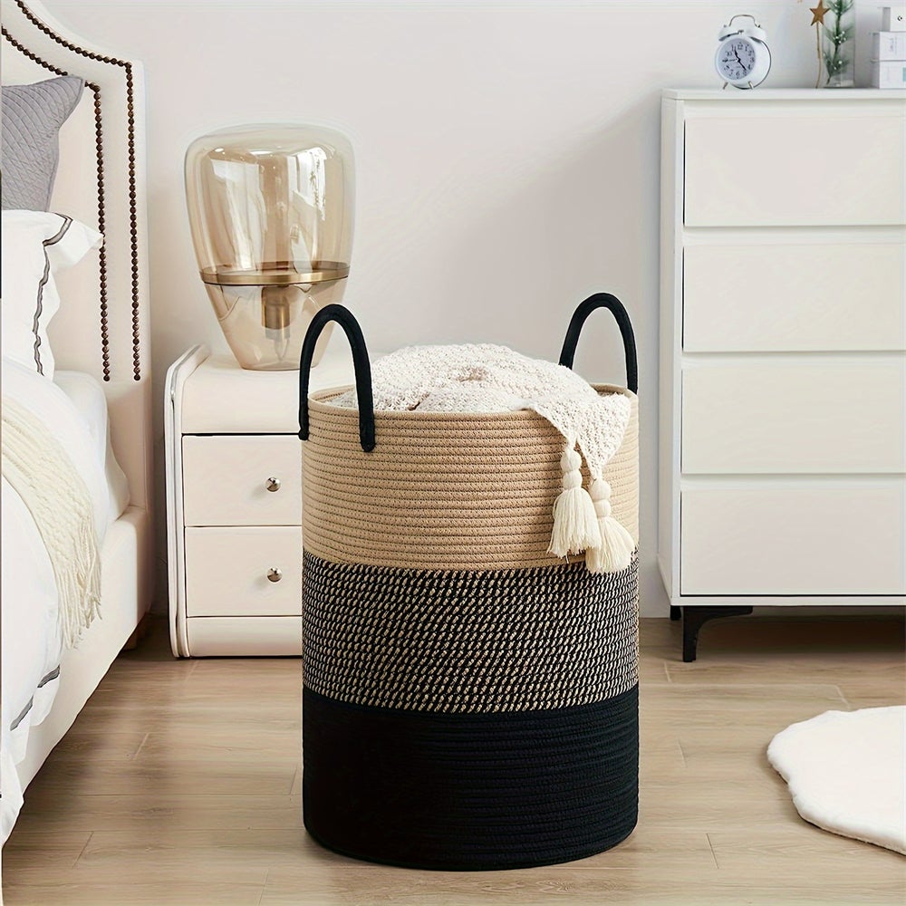 Cesto Portaoggetti In Corda Di Cotone Intrecciato 2 Pezzi | Bianco Naturale Con Manici | Per Coperte, Riviste, Giocattoli - 2
