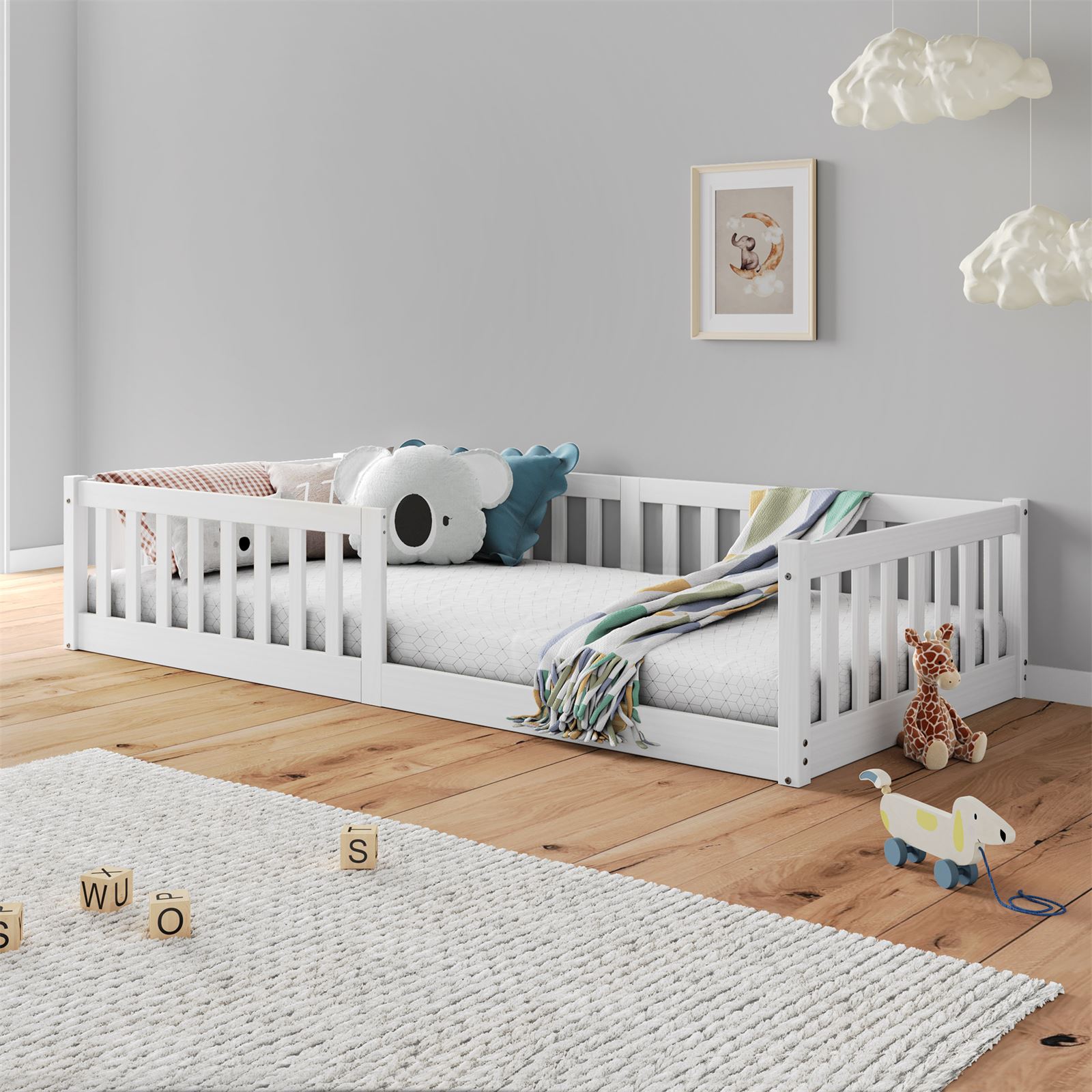 Lit enfant GUSTAVO type Montessori, couchage 90x190 cm, en pin massif lasuré blanc - 2