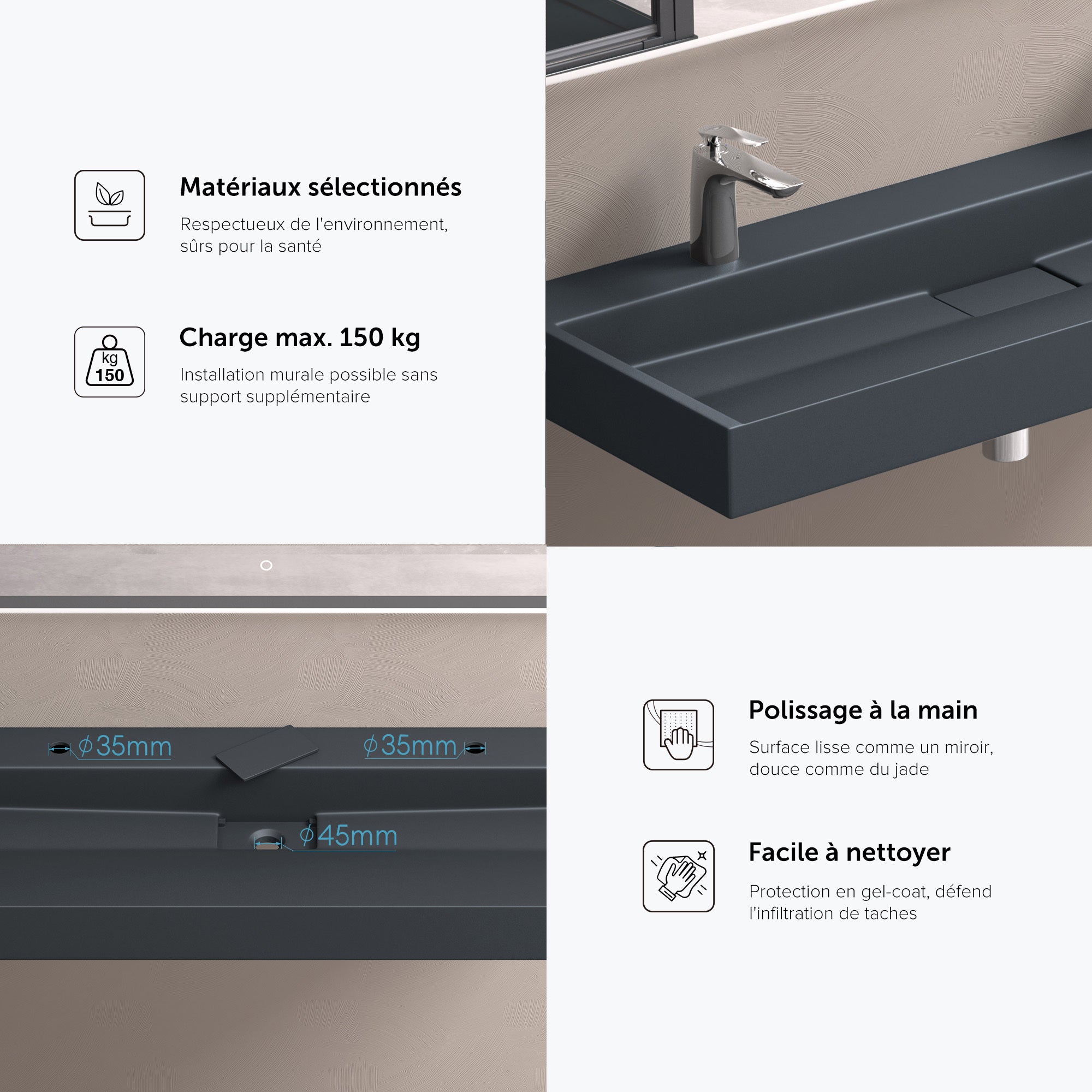 Lavabo Suspendu, Vasque à Poser, Lave-Mains Rectangulaire, 120x46x11cm, Gris Noir Mat, avec Bonde, Colossum19 doporro - 6