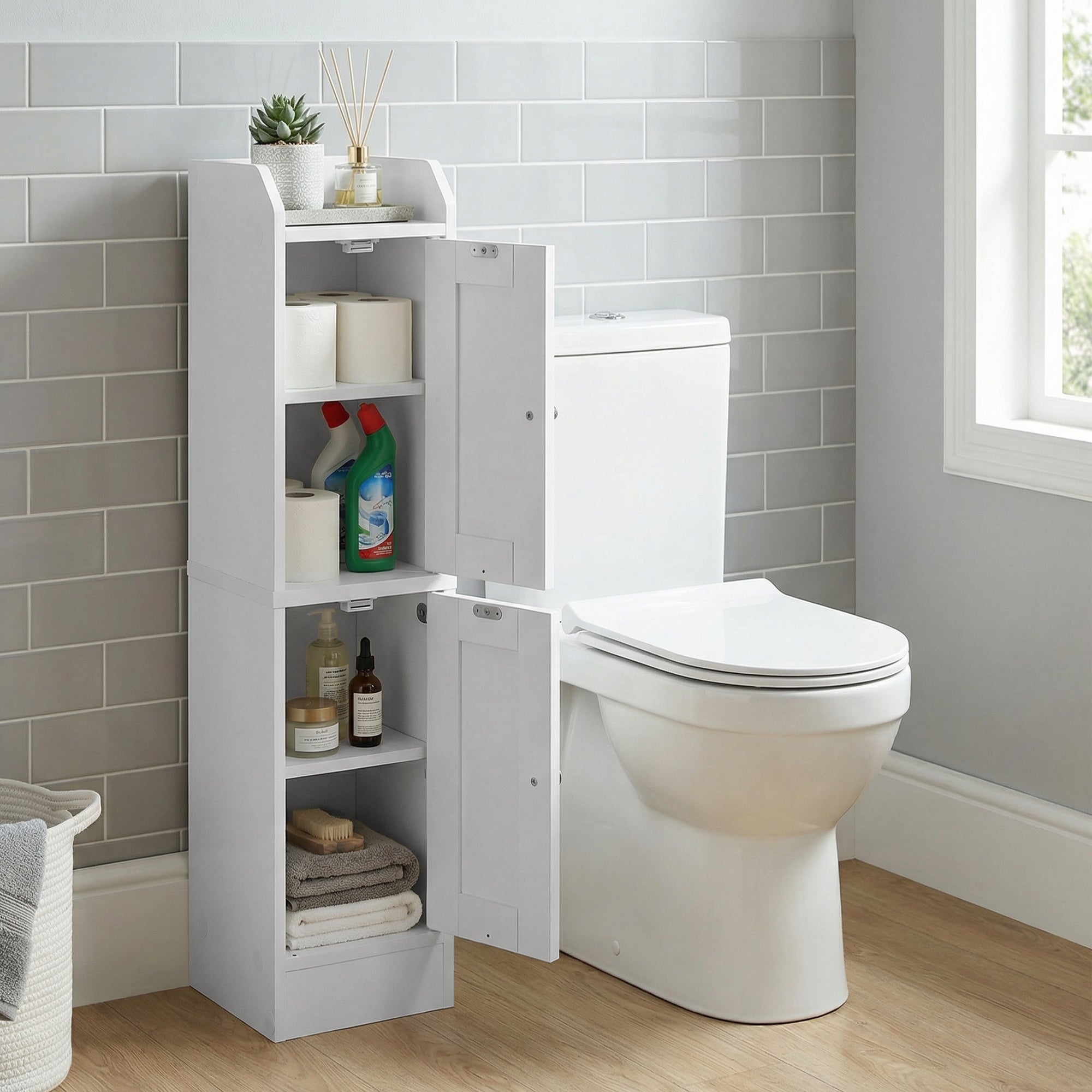 Meuble de salle de Bain Fin, Colonne de Rangement, avec Portes Réversibles, Style Maison de Campagne, Blanc - 2