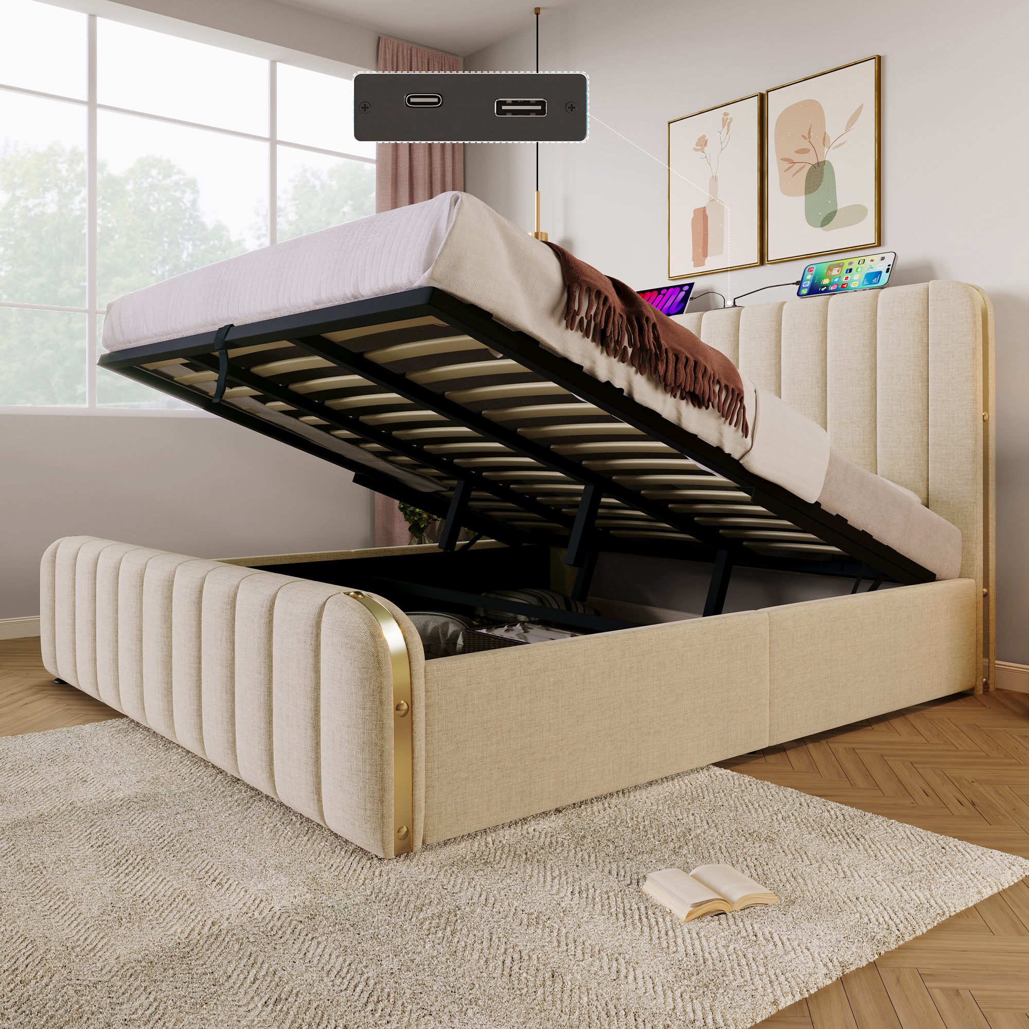 Letto imbottito, matrimoniale, testiera imbottita con strisce