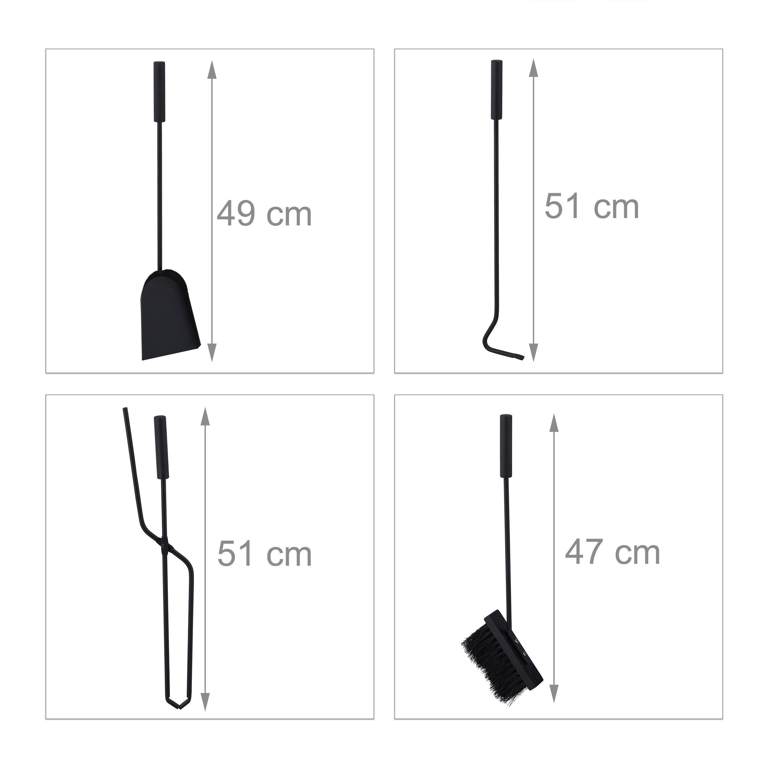 Serviteur de cheminée, moderne, 5 pièces : tisonnier, pelle à cendres, balai, pince et support, noir, Relaxdays - 5