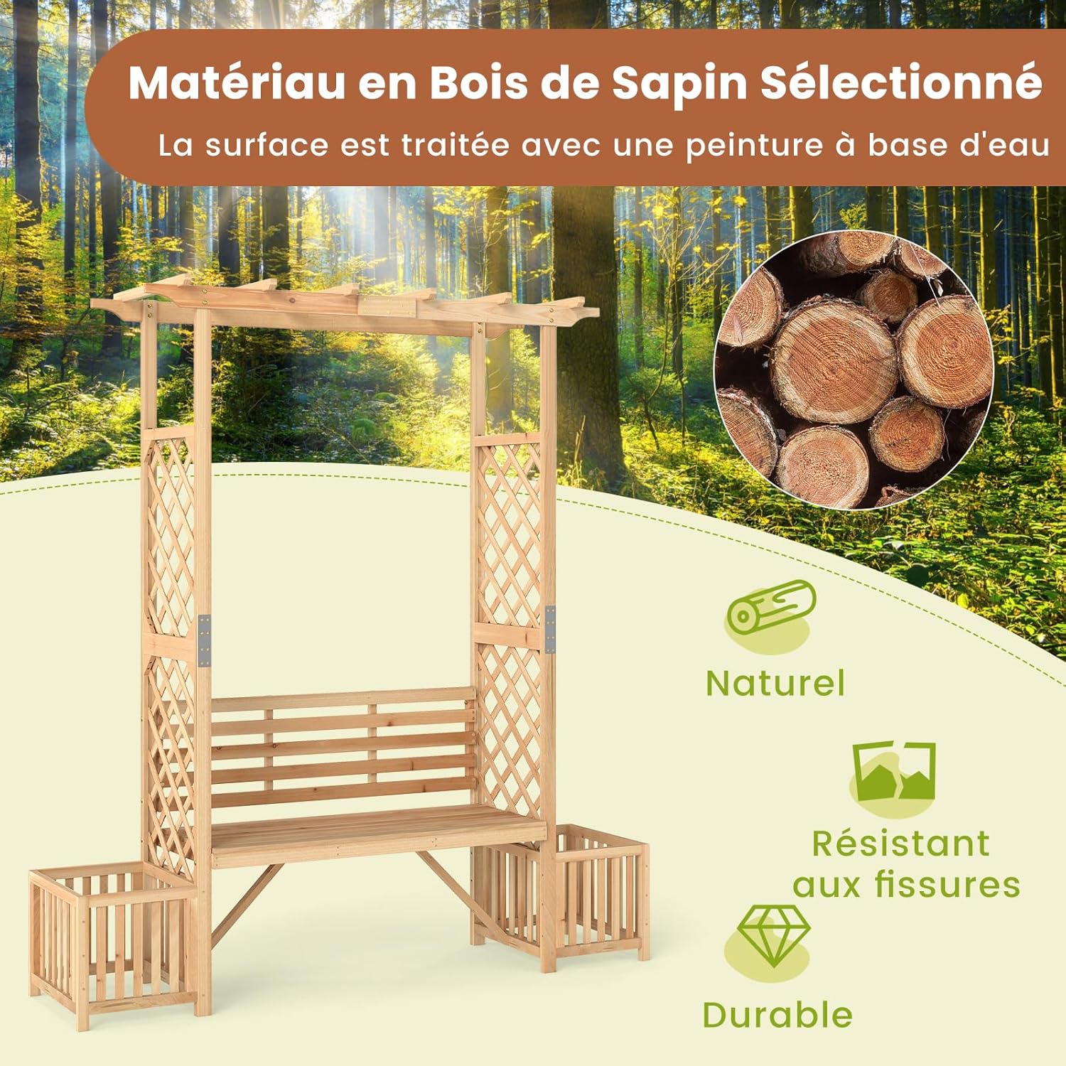 Arche de Jardin avec Jardinière Banc 2 Places à Charge 300 KG, Treillis Latéral pour Plantes Grimpantes Extérieur, pour Terrasse Jardin, Naturel - 5