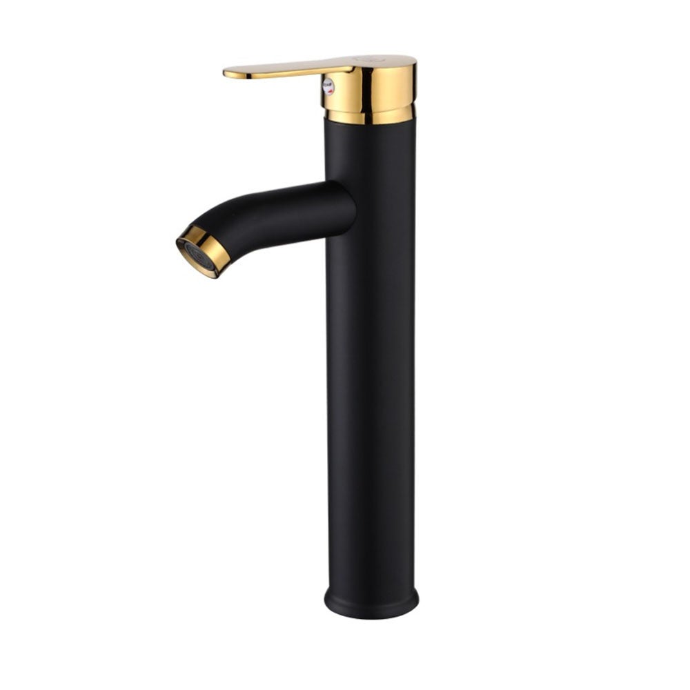 Bateria umywalkowa do ciepłej i zimnej wody, bateria łazienkowa, czarno-złota, z wysokim kolankiem, jednouchwytowa, wyposażona w wąż doprowadzający wo