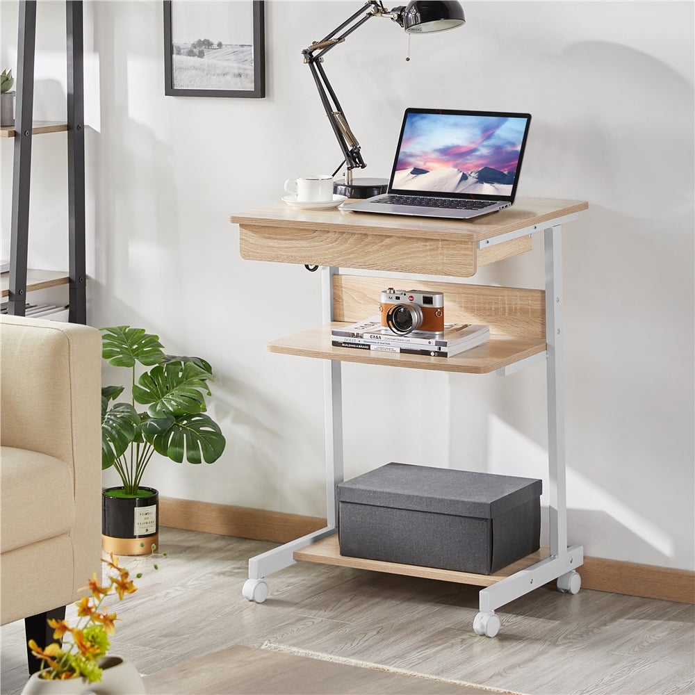 Bureau d'ordinateur Portable en Métal avec Roulettes et Tiroir Étagères de Rangement, Chêne clair Yaheetech - 2
