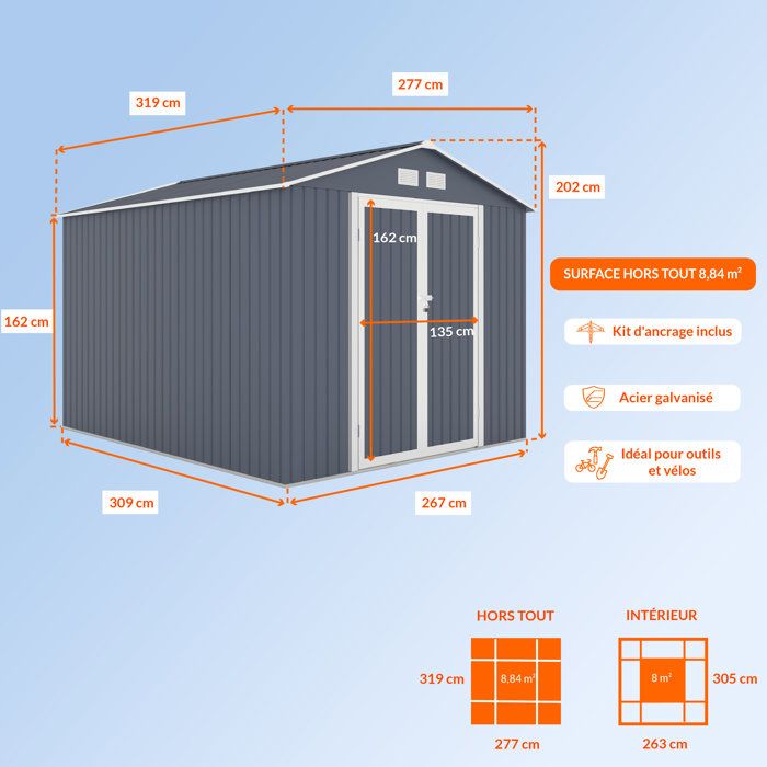 Abri de jardin en métal 8,84 m² - 277 x 319 x 202 cm - Kit d'ancrage inclus - Gris - Youdoit - 5